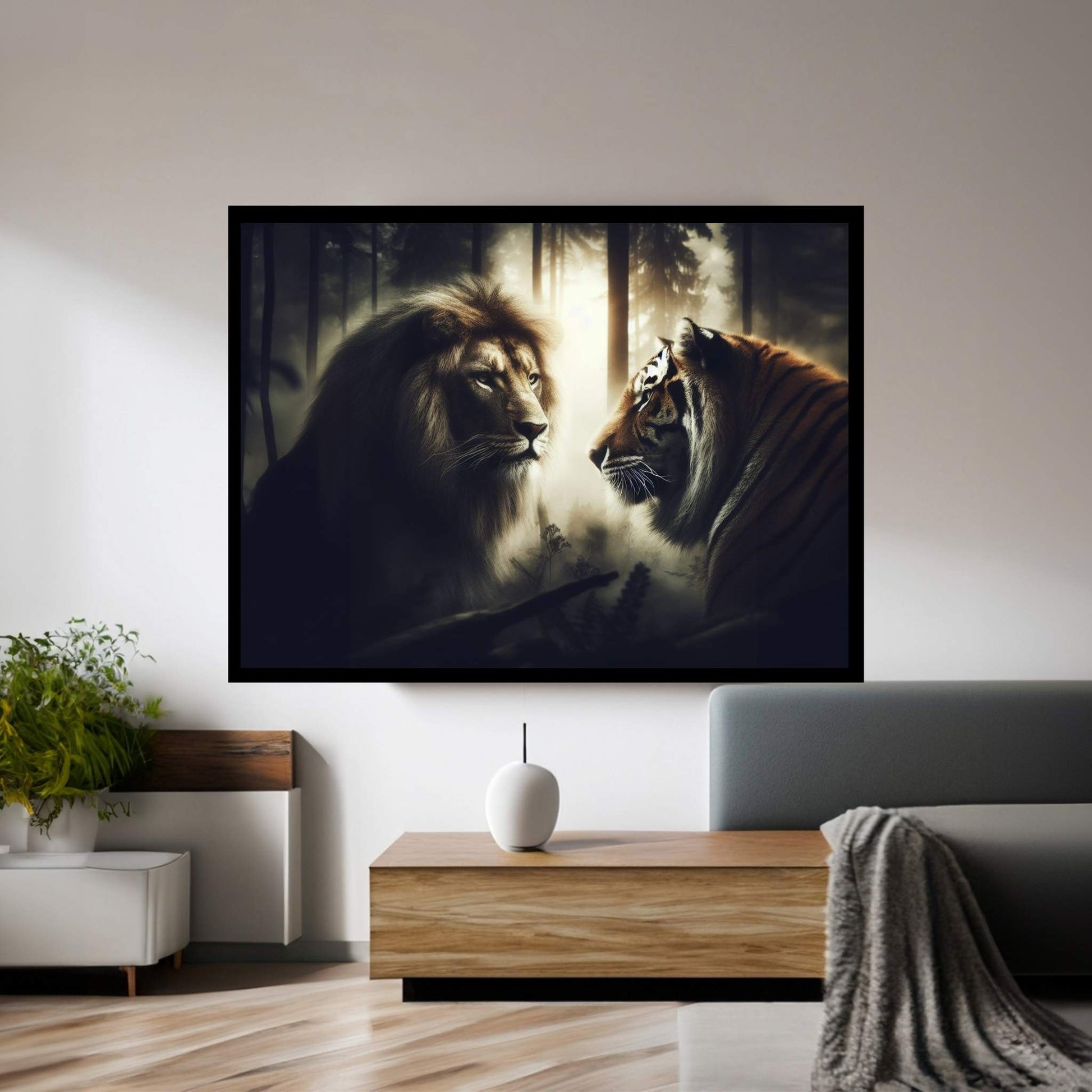 Lion and Tiger Couple Canvas Print Art,Animal Wall Art, Canvas Wall Art - Y Canvas