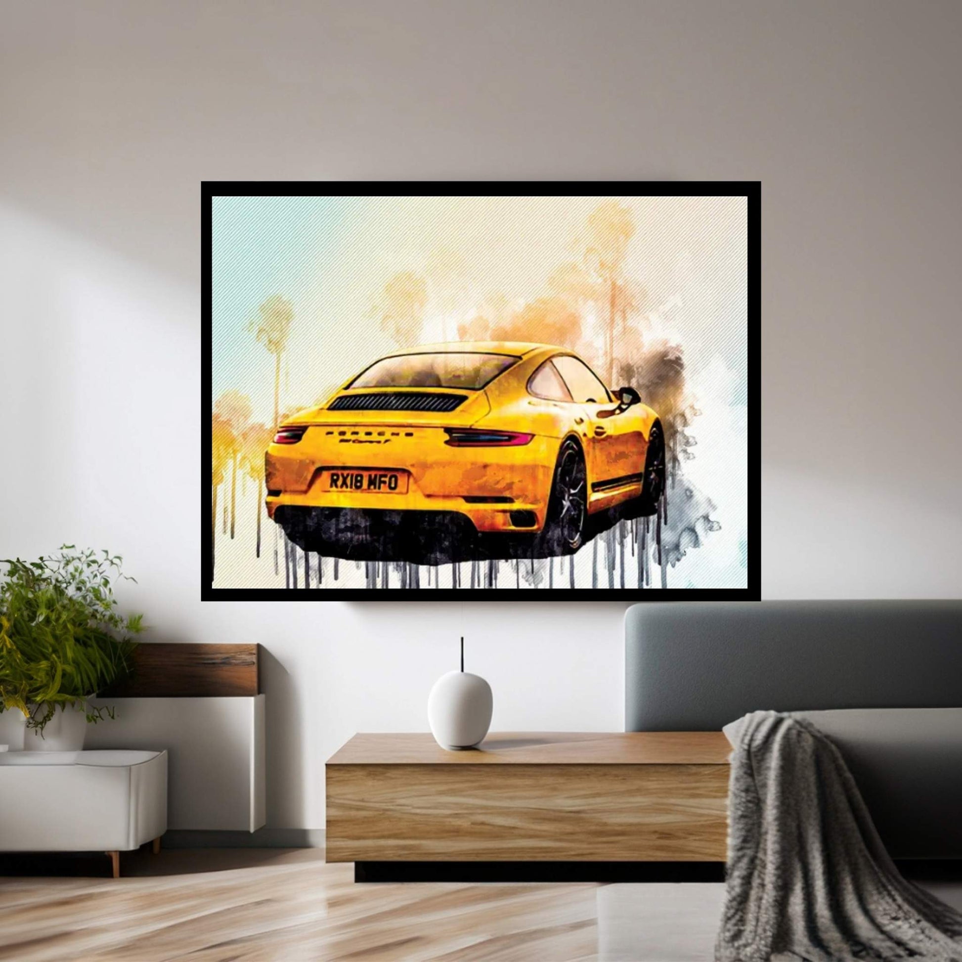 Porsche 911 Carrera T 2018 Yellow Sports Coupe Rear View Sports Car German Sports Cars Canvas Wall Art - Y Canvas