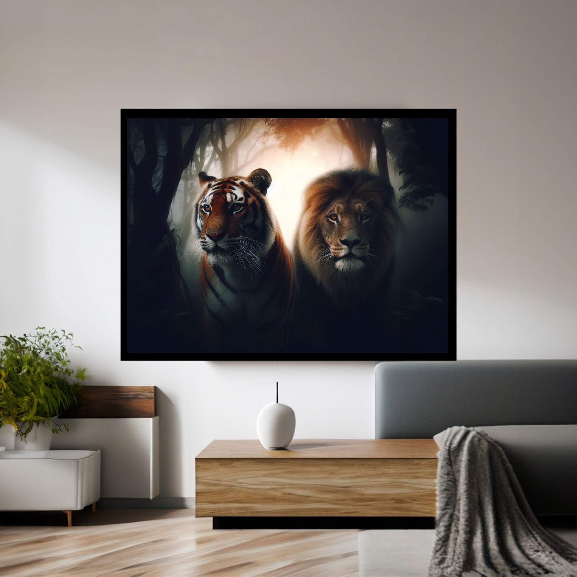 Lion and Tiger Couple Canvas Print Art,Animal Wall Art, Canvas Wall Art - Y Canvas