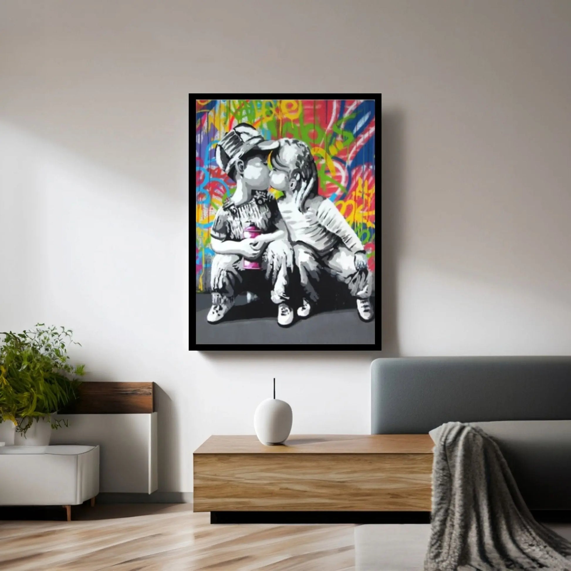 Banksy Art Canvas-Banksy Graffiti "Kids Sweet Kiss" Street Art Canvas Wall Art Poster Print Home Decor - Y Canvas