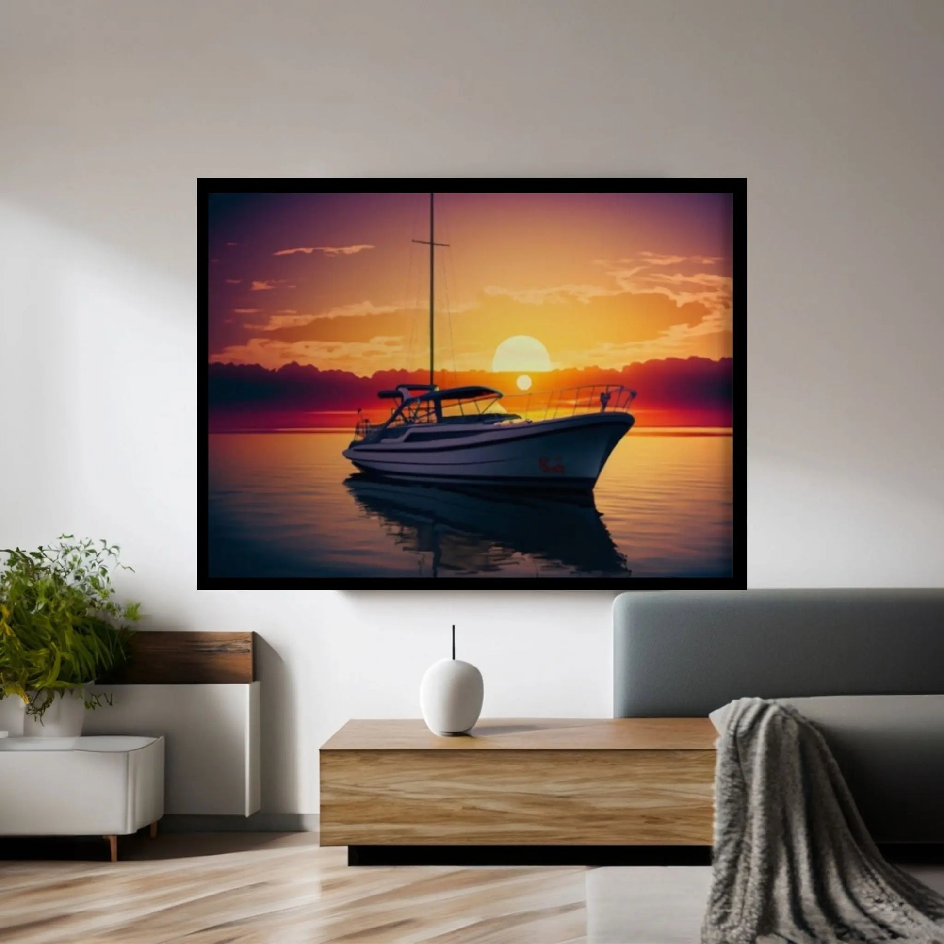Sunset and Boat Canvas Wall Art, Home Decor Landscape Art Print - Y Canvas