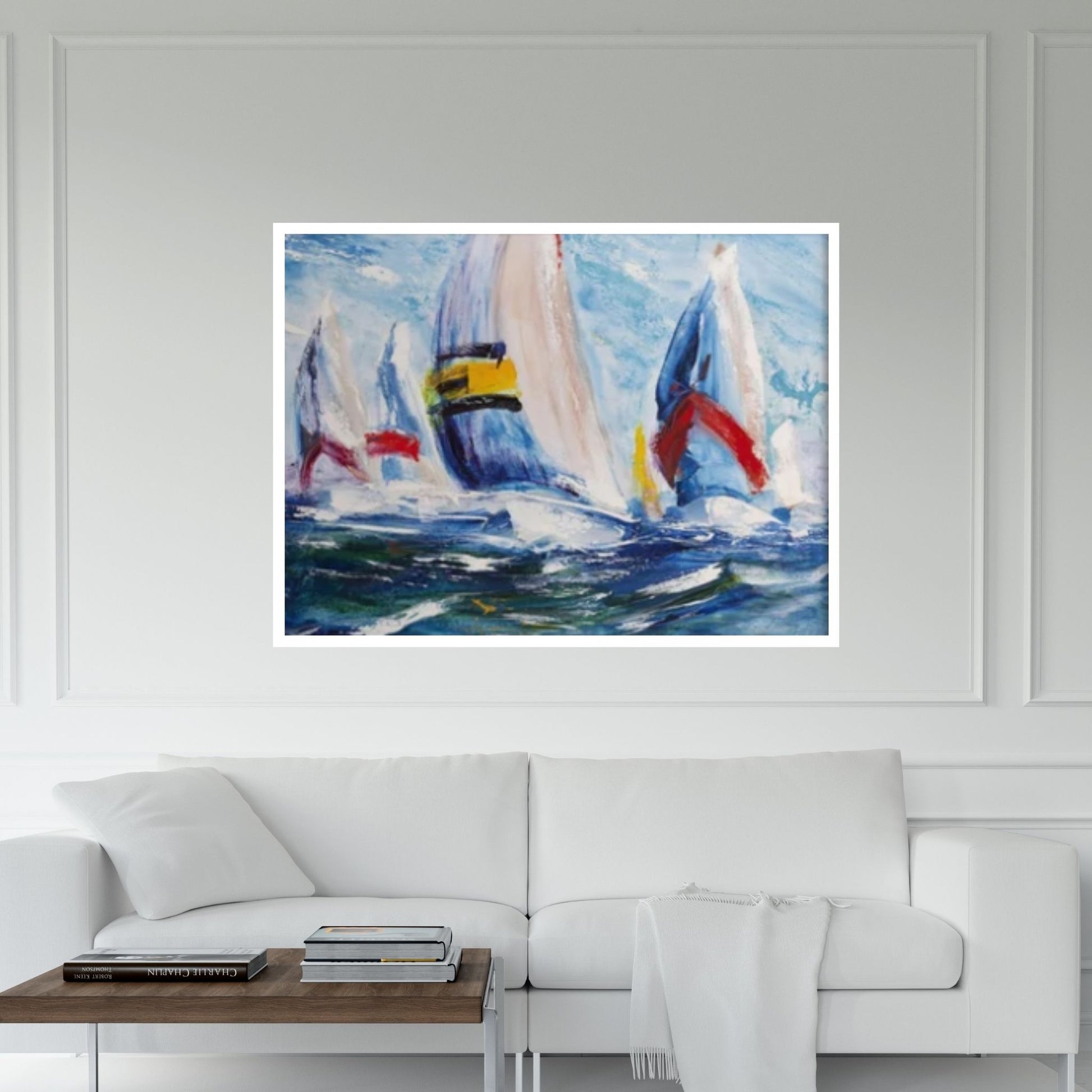 Large Sailboat Party Print Painting On Canvas, Oil Effect Colorful Living Room Wall Art - Y Canvas