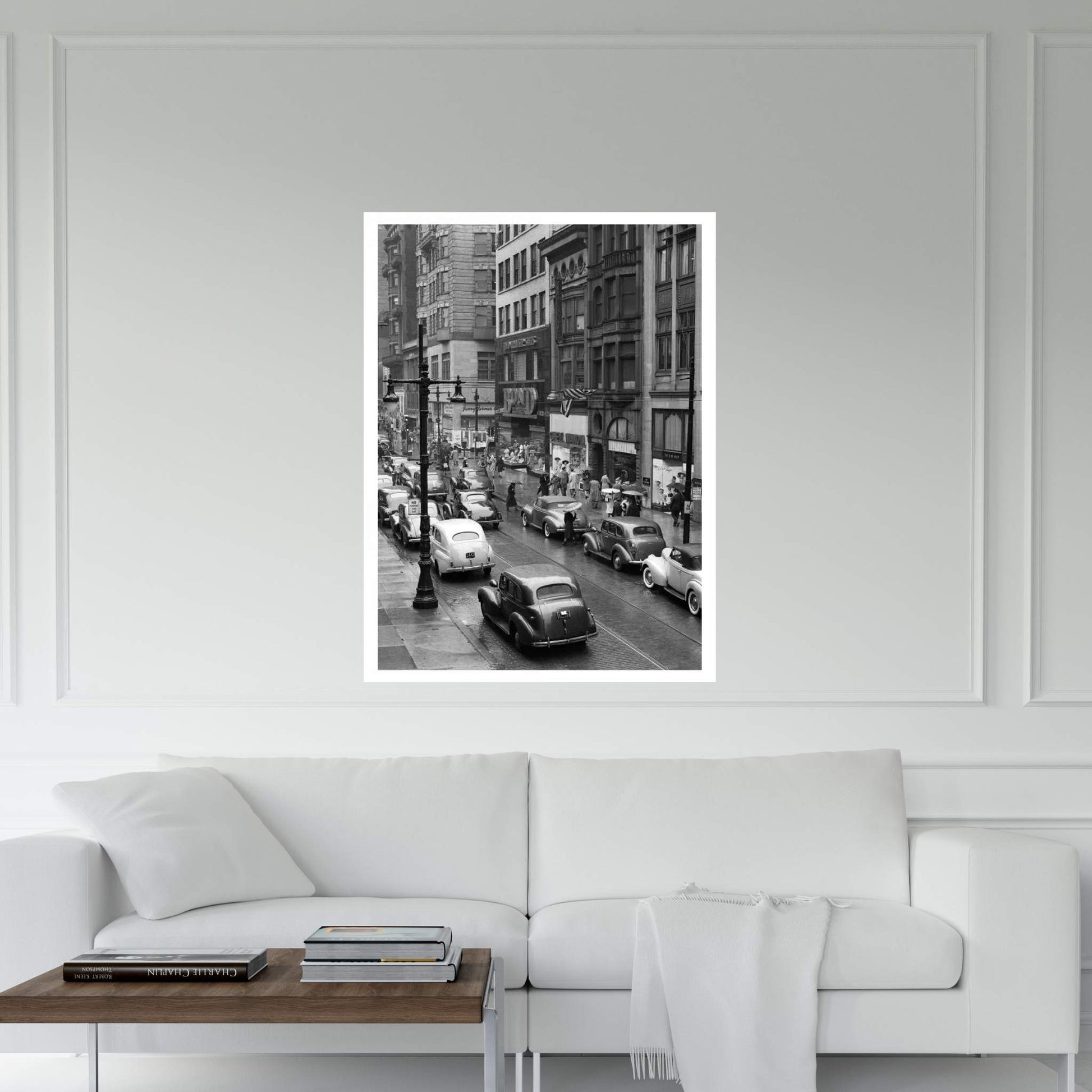 1940s Rainy Day On Chestnut Street Philadelphia Pa Cars Pedestrians Storefronts Canvas Wall Art - Y Canvas