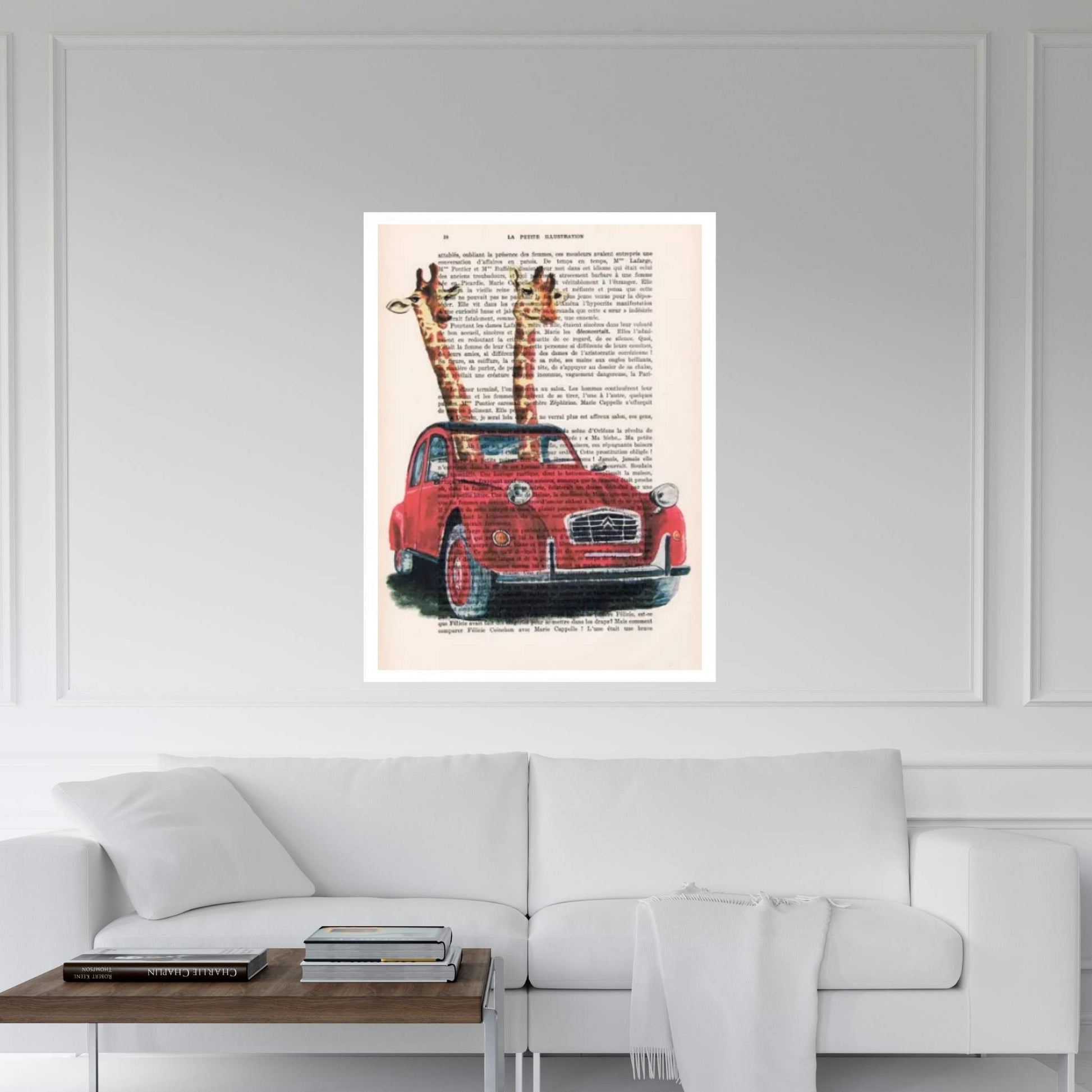 Giraffes In French Red Car Canvas Wall Art - Y Canvas