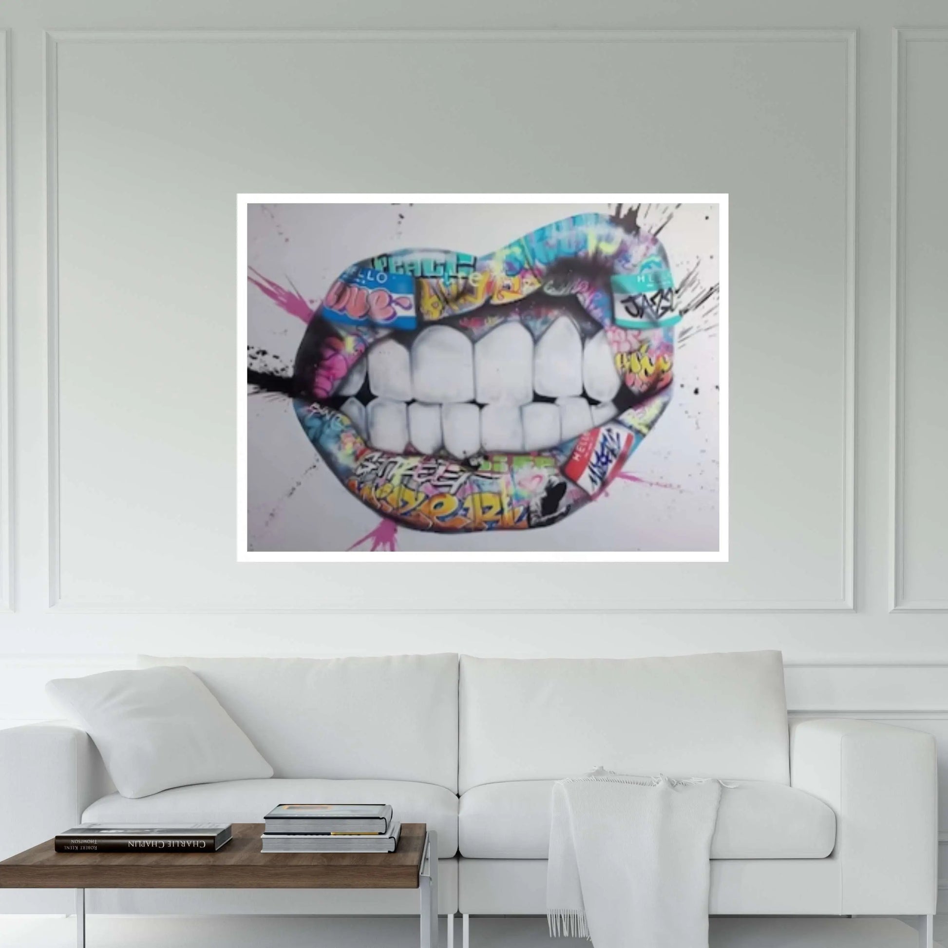 Banksy Poster, Lip and Teeth, Colourful Canvas, Banksy Graffiti Art Print, Woman Graffiti Wall Art, Famous Mural Quote Canvas Wall Art - Y Canvas