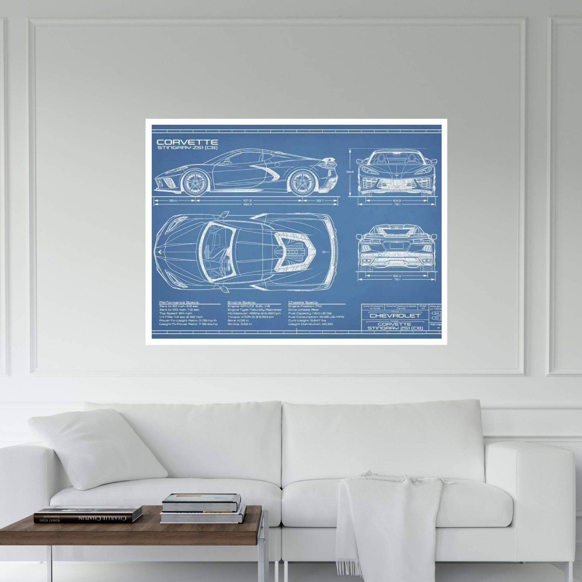 Corvette (C8) Stingray Blueprint Canvas Wall Art - Y Canvas