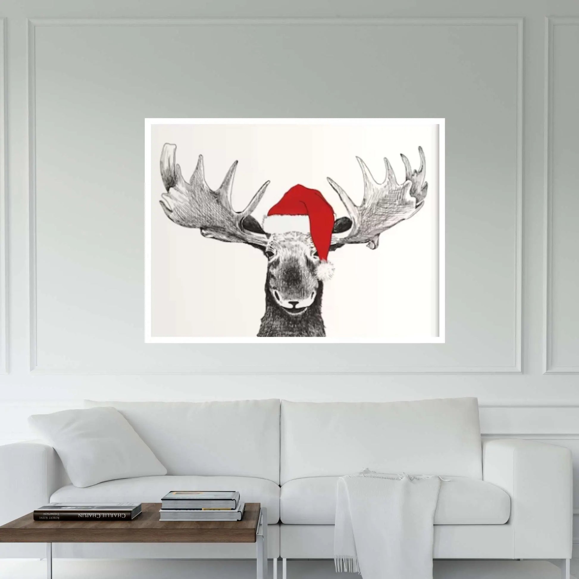 Santa Moose Pine Framed Canvas | Winter Wall Decor | Kids Room Christmas Decor - Y Canvas