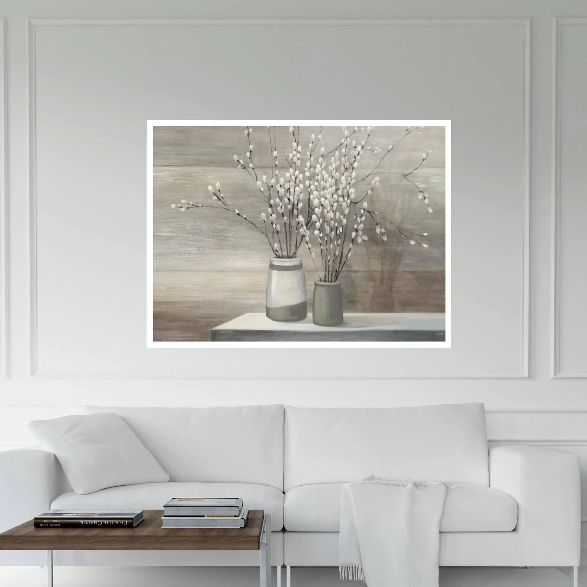 Pussy Willow Still Life Gray Pots Canvas Wall Art - Y Canvas