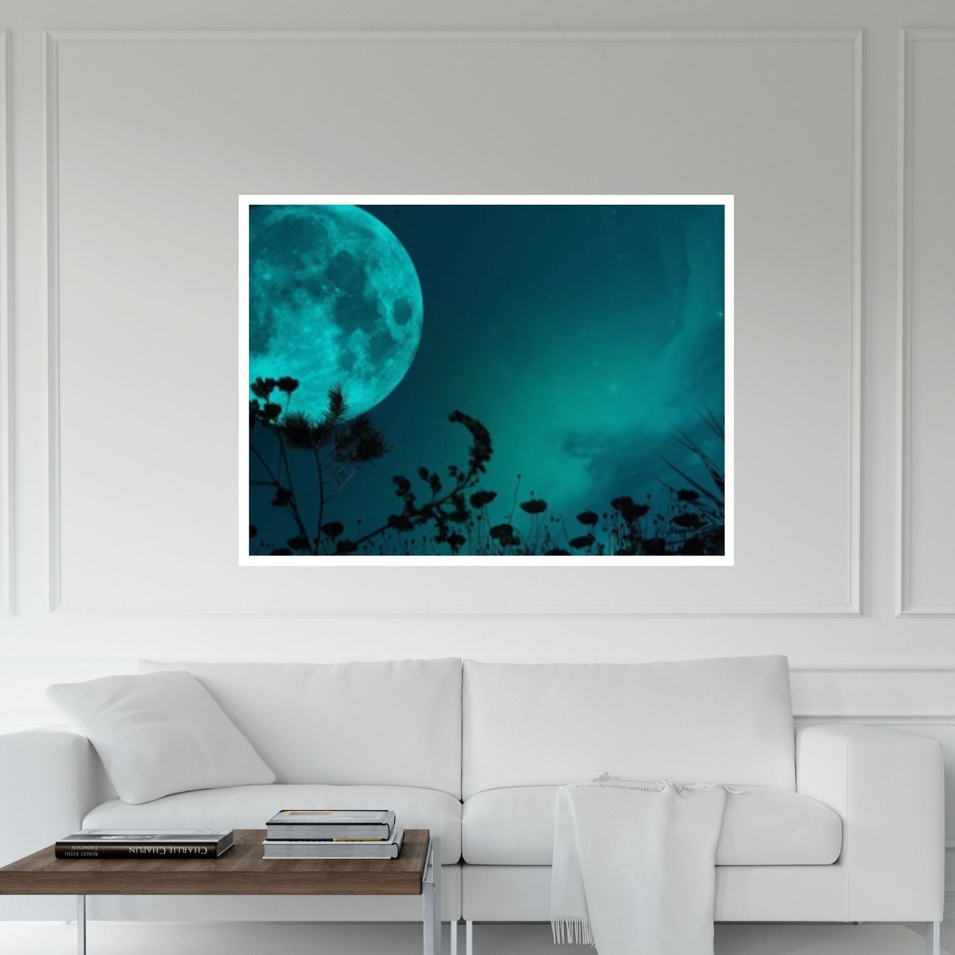 Green Moon at Night Natural Canvas Wall Art, Landscape Printing Wall Art - Y Canvas