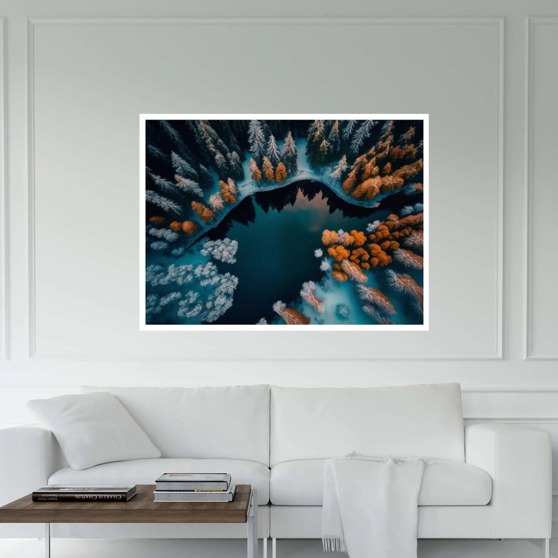 Snowy Pine Forest and Mountain Lake Canvas Wall Art - Y Canvas
