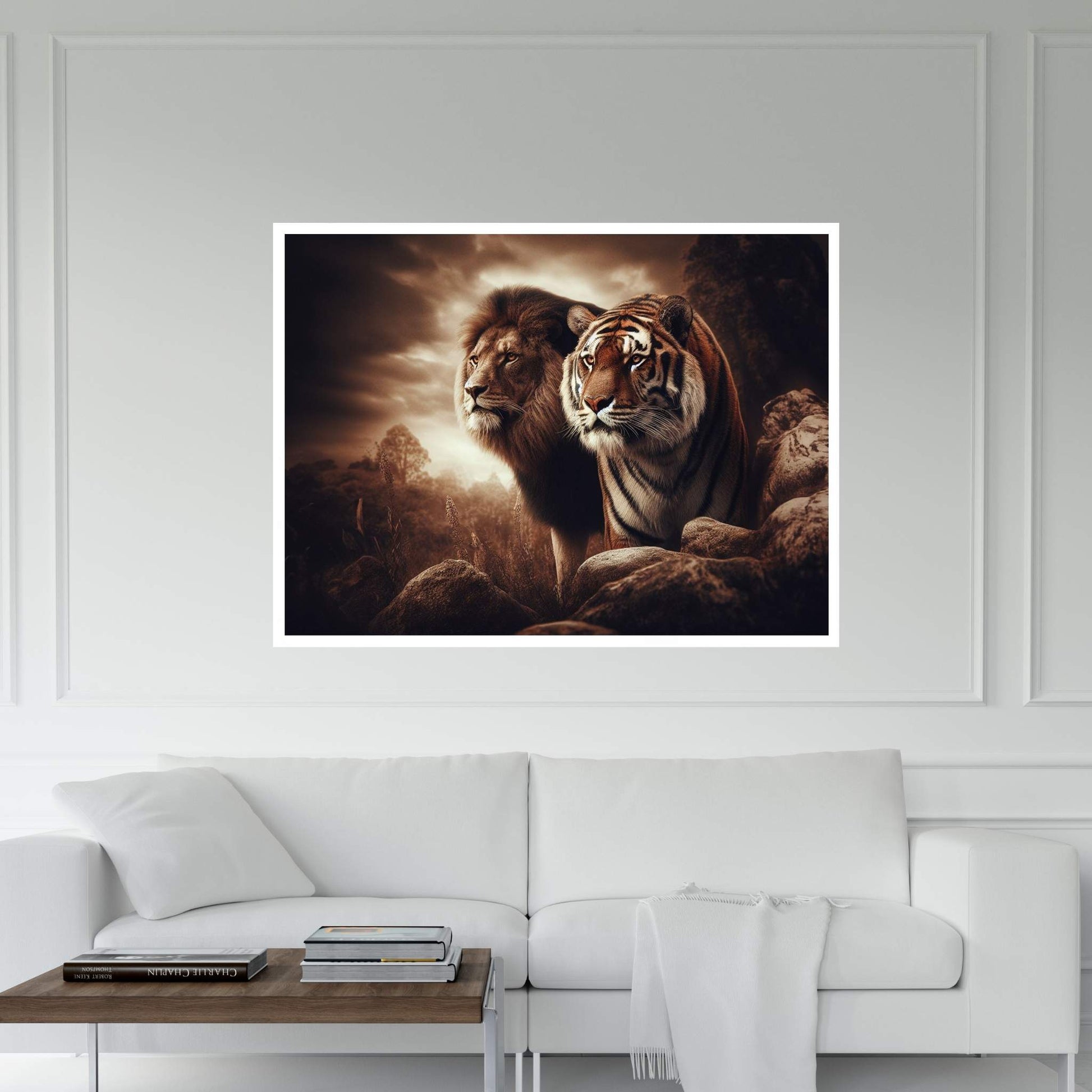 Lion and Tiger Couple Canvas Print Art,Animal Wall Art, Canvas Wall Art - Y Canvas