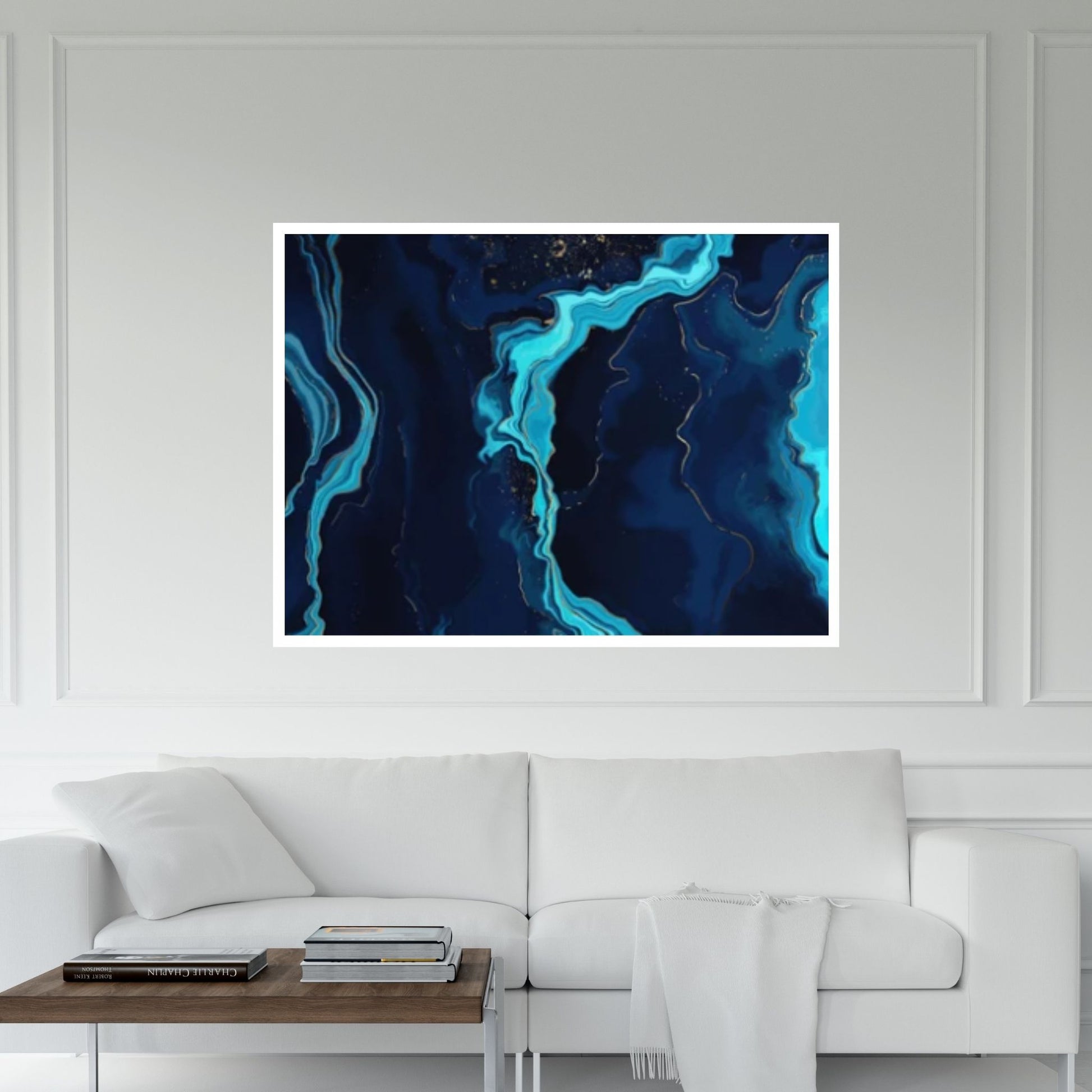 Abstract Navy Blue, White and Black Marble Canvas Print, Stone Art Print - Y Canvas