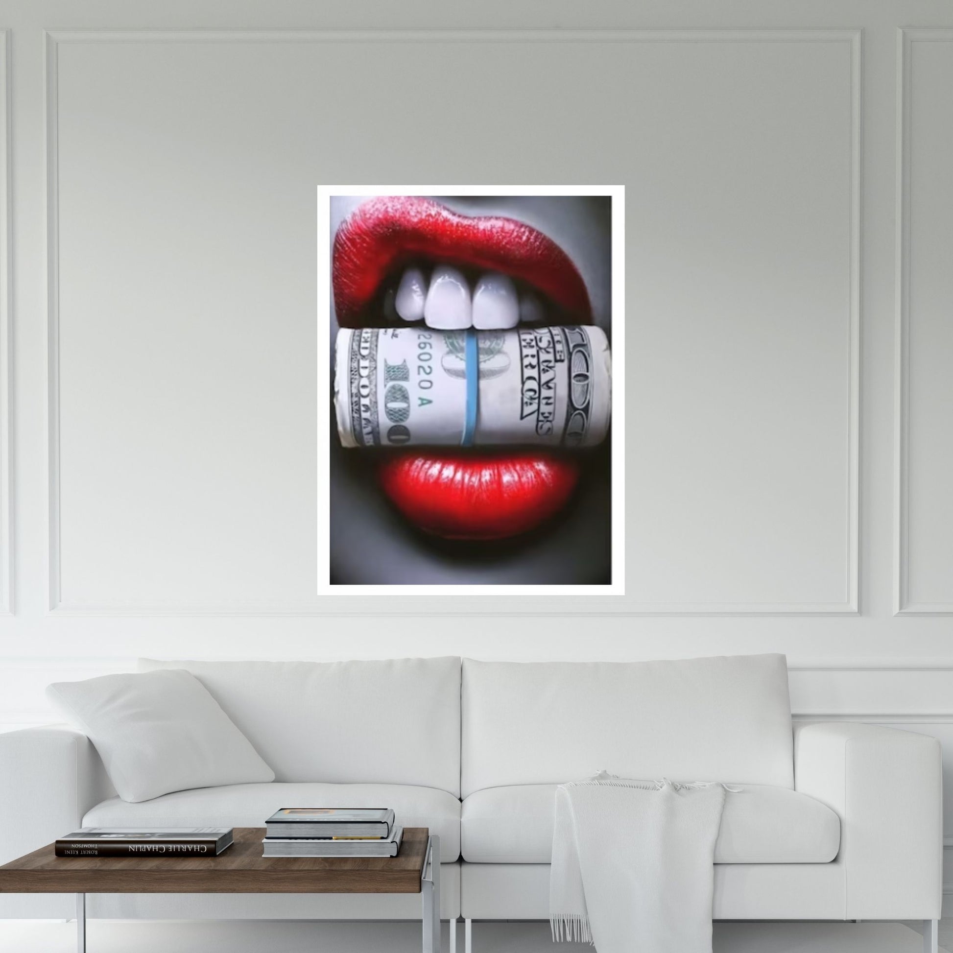 Red Lips Canvas Wall Art, Smoking Woman Room Decor, Money Cigar Between Lips Wall Hangings - Y Canvas