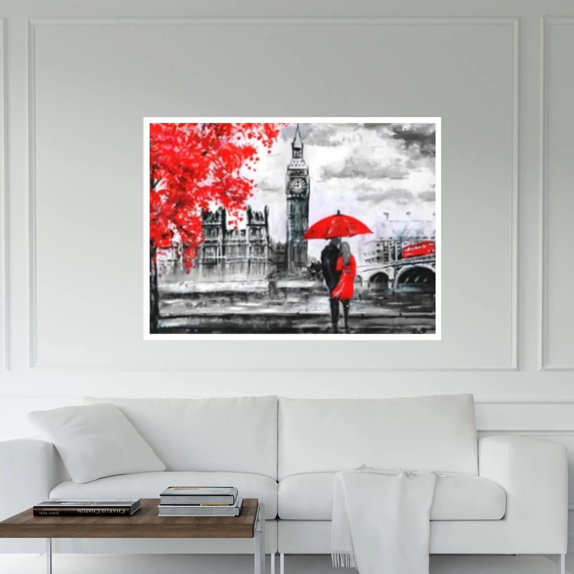 England Bridge illustration Man and woman under red umbrella photo London street Oil painting Canvas Wall Art - Y Canvas