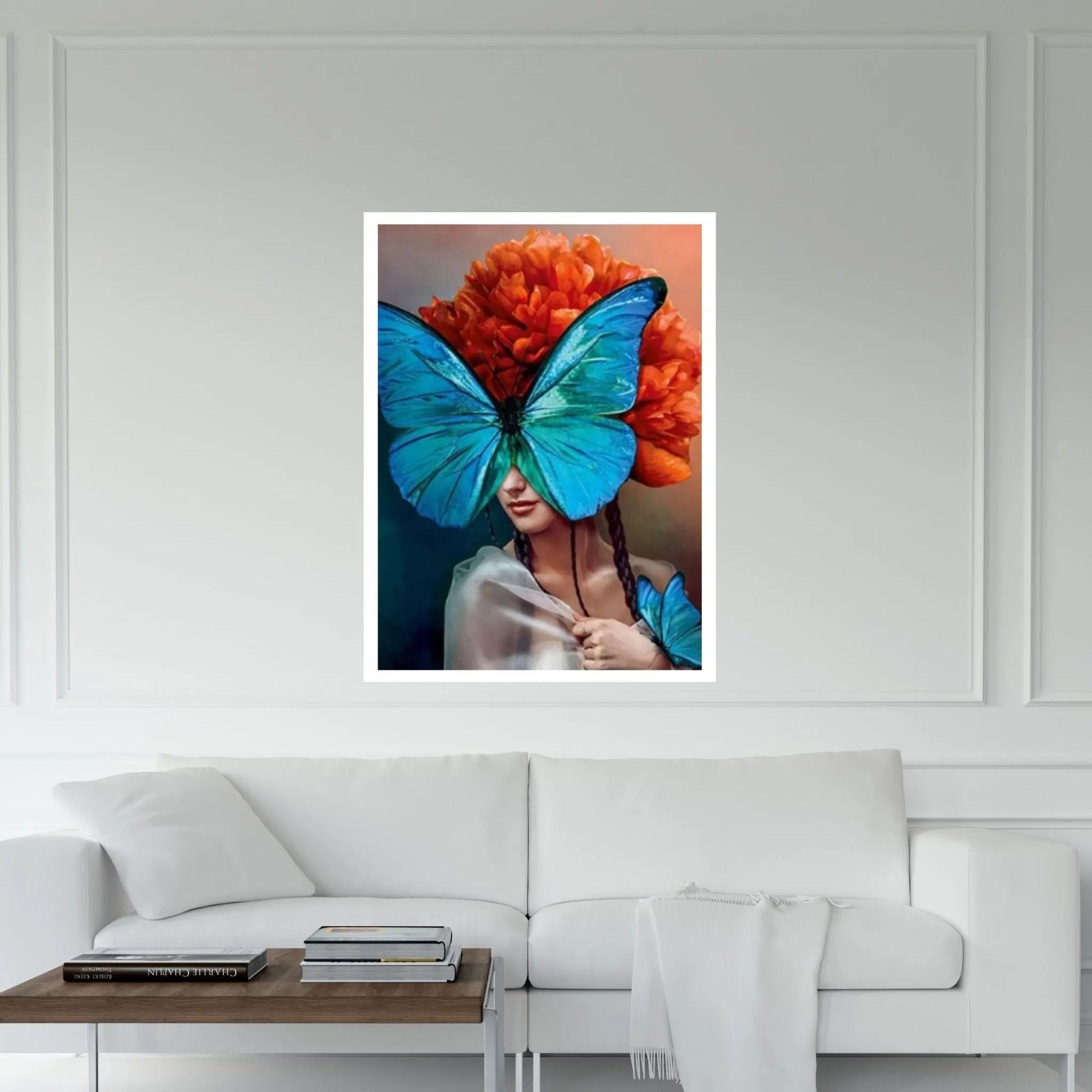Blue Butterfly and Woman, Canvas Wall Art Print Poster flower woman painting - Y Canvas