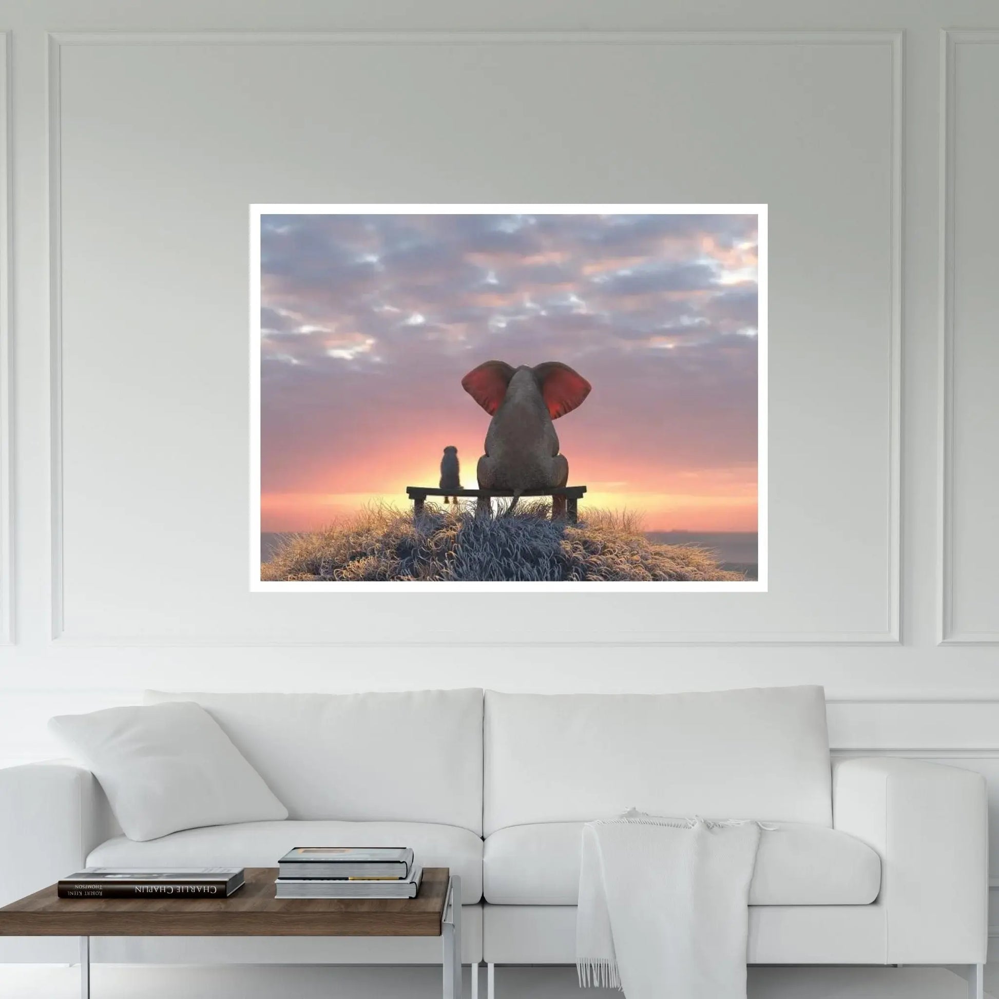 Elephant And Dog Watch The Sunrise On The Seashore Canvas Wall Art - Y Canvas