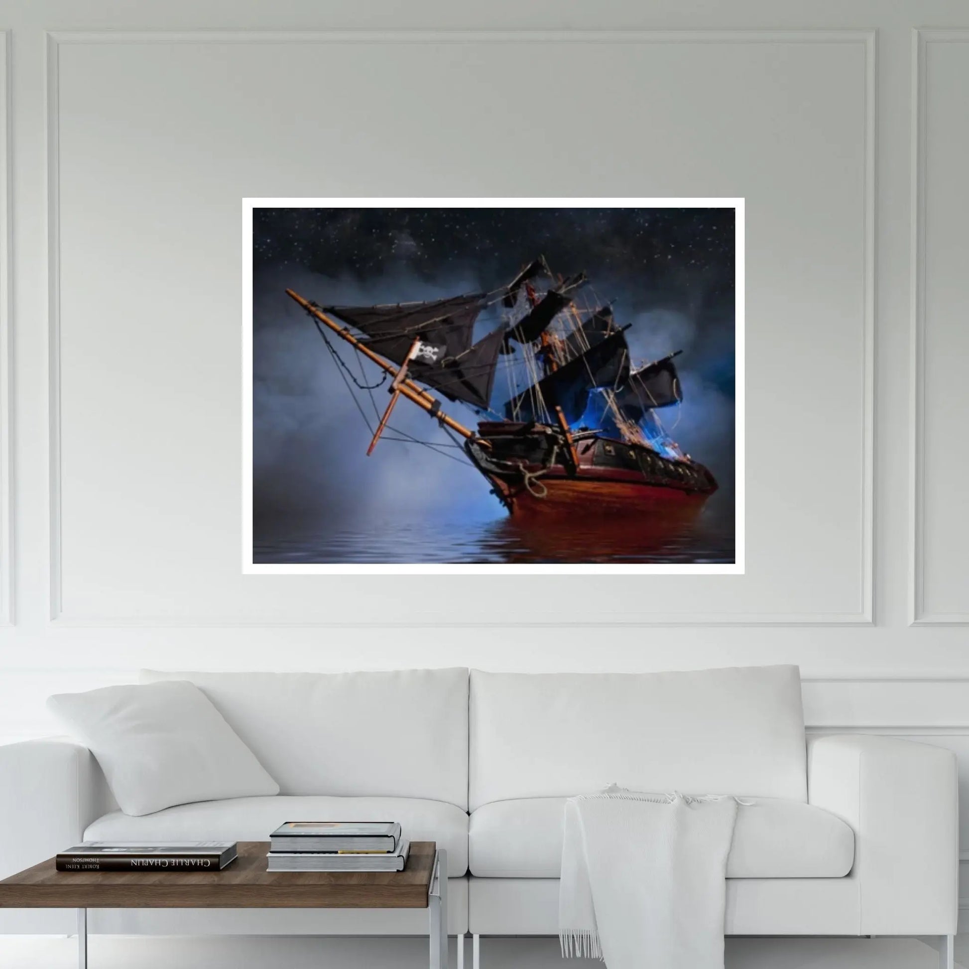 Large Dark Sea Pirates Ship Canvas Wall Art, Pirates Canvas Wall Print, Corsair on Sea Wall Hangings, Dark Colours Boat Room Decor - Y Canvas