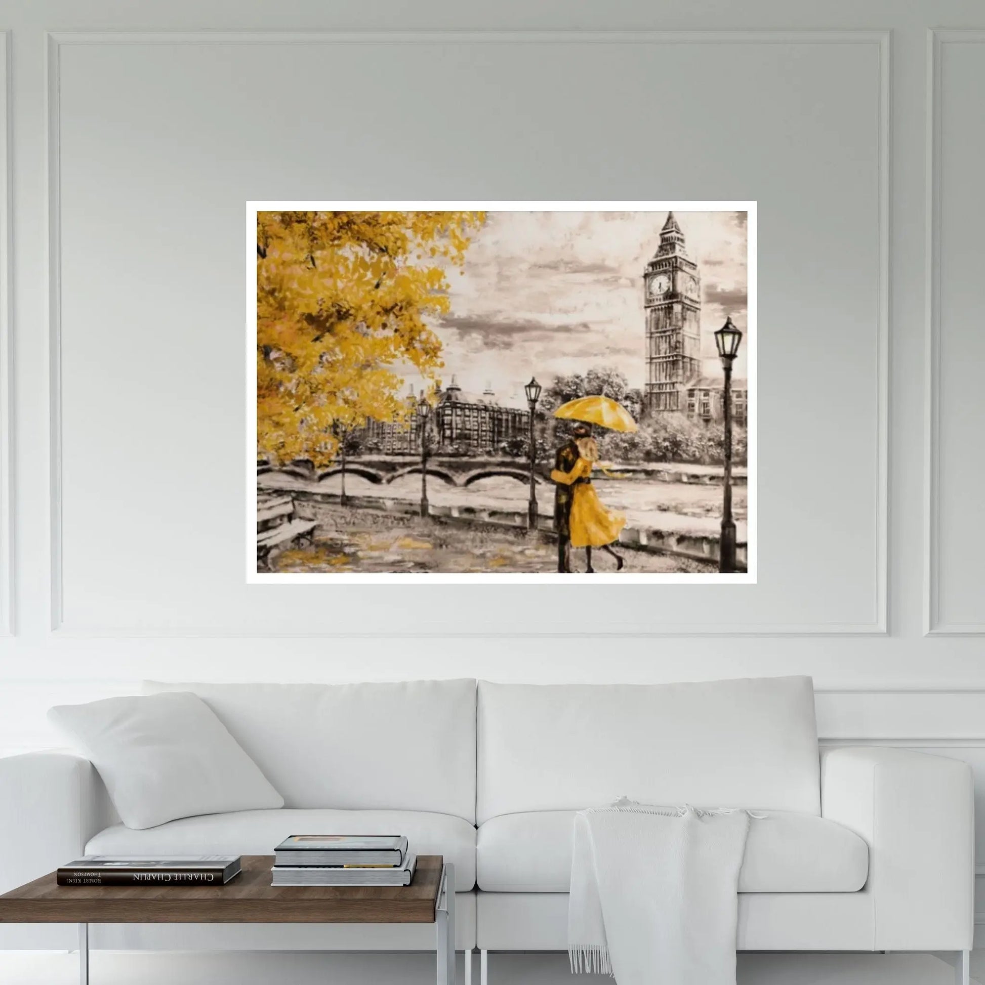 England Bridge illustration Man and woman under Yellow umbrella photo London street Oil painting Canvas Wall Art - Y Canvas