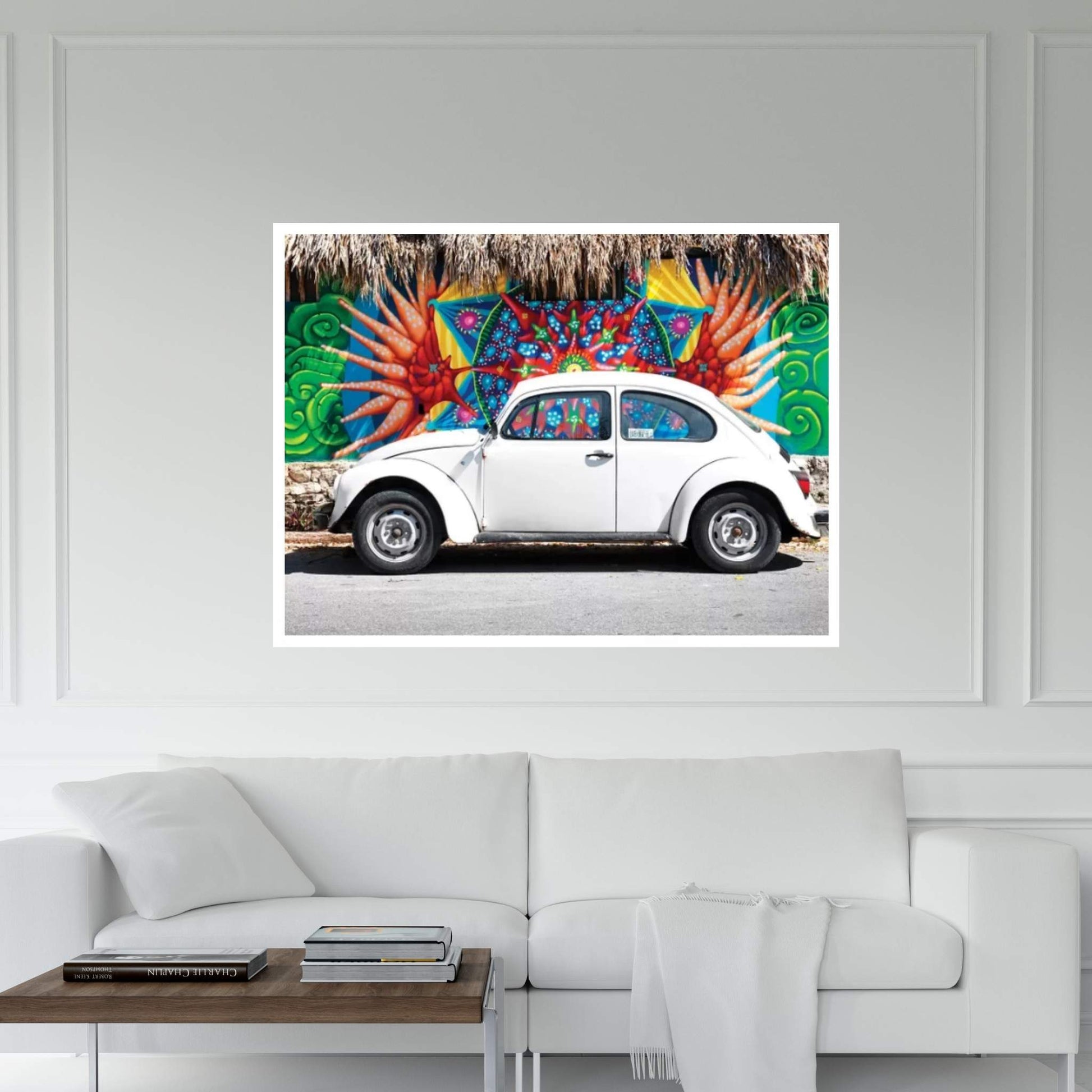 White VW Beetle Car In Cancun Canvas Wall Art - Y Canvas