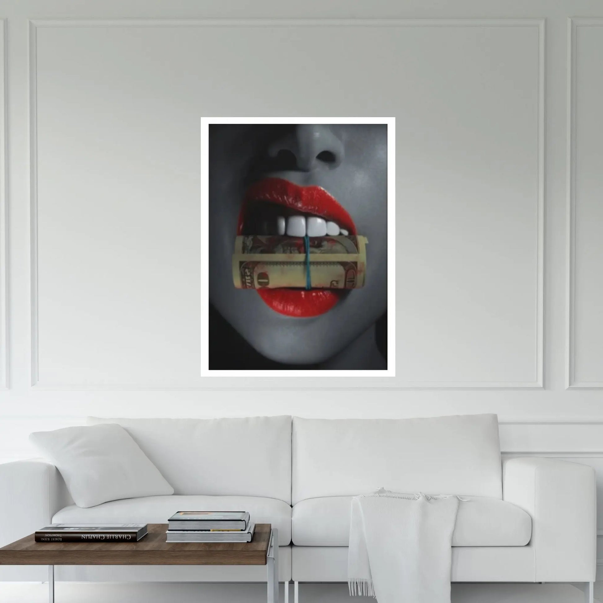 Red Lips Canvas Wall Art, Women Lips Canvas Wall Print, Money Cigar Between Lips Wall Hangings - Y Canvas