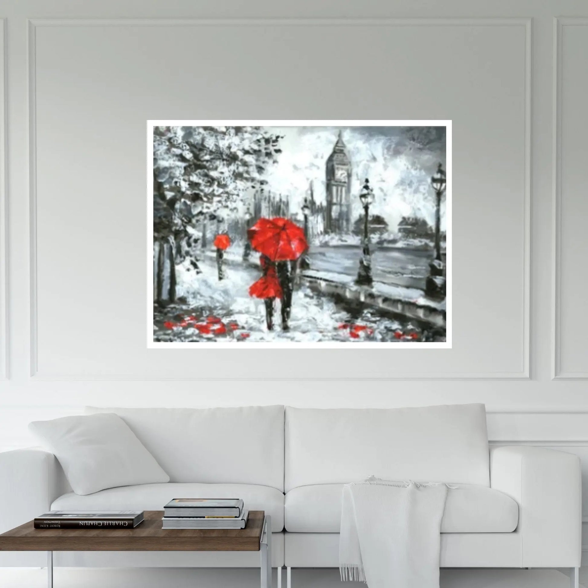 England Bridge illustration Man and woman under red umbrella photo London street Oil painting Canvas Wall Art - Y Canvas