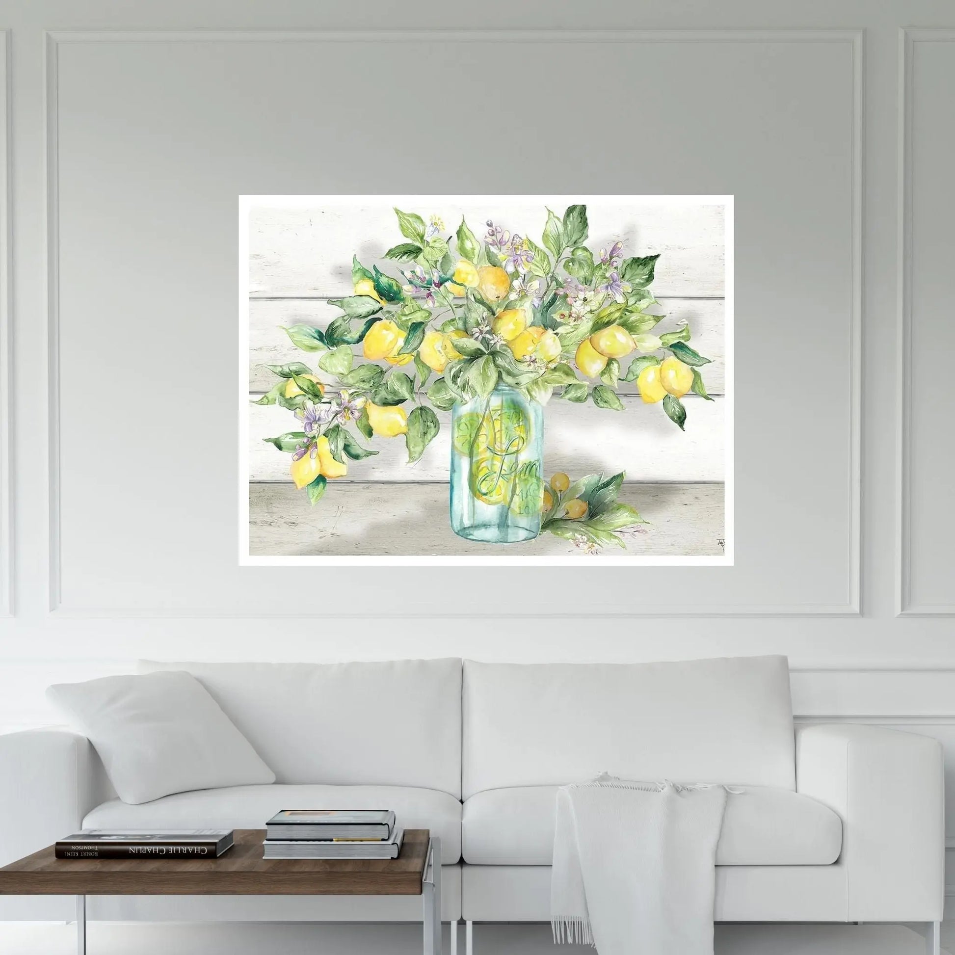 Watercolor Lemons in Mason Jar Landscape Canvas Wall Art - Y Canvas