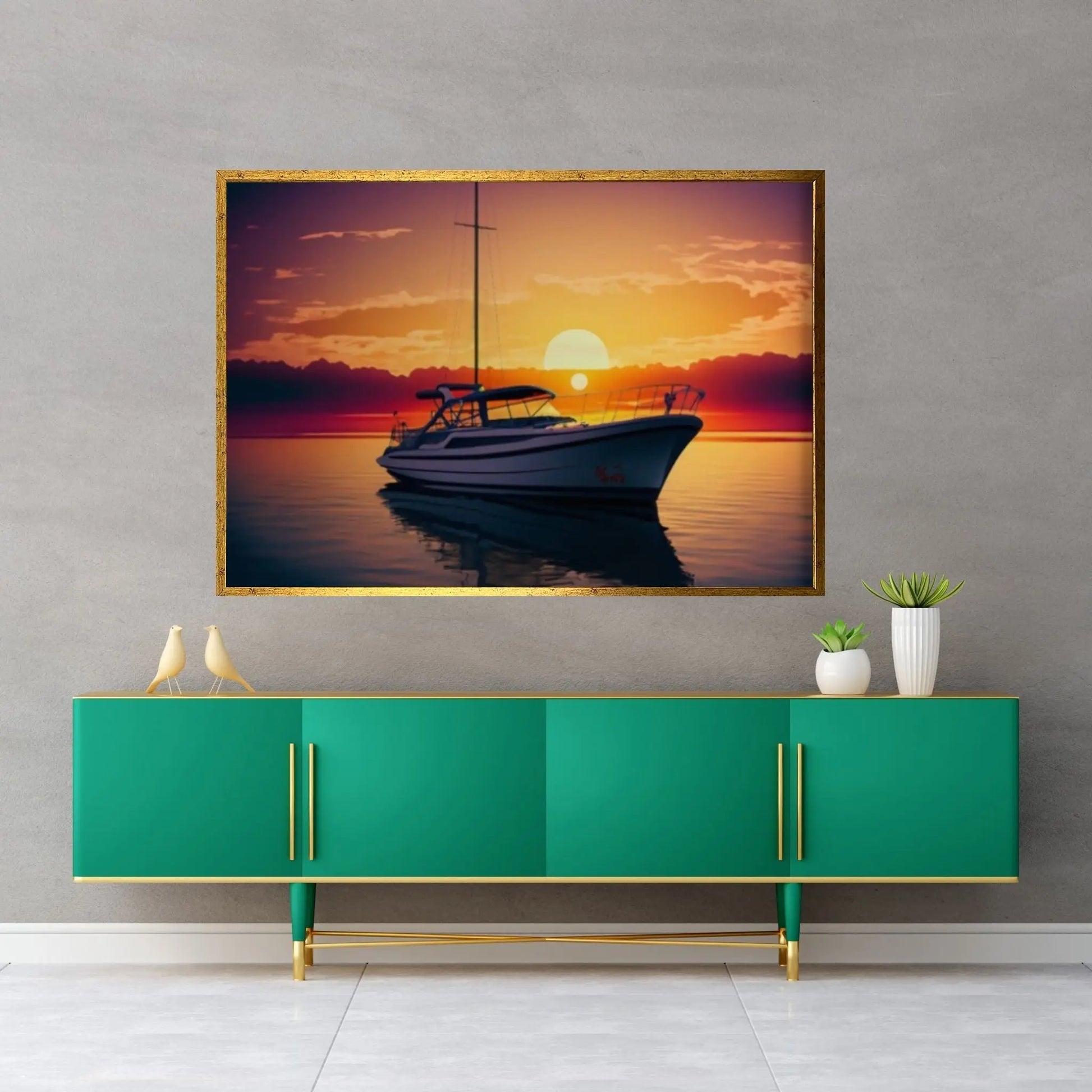Sunset and Boat Canvas Wall Art, Home Decor Landscape Art Print - Y Canvas
