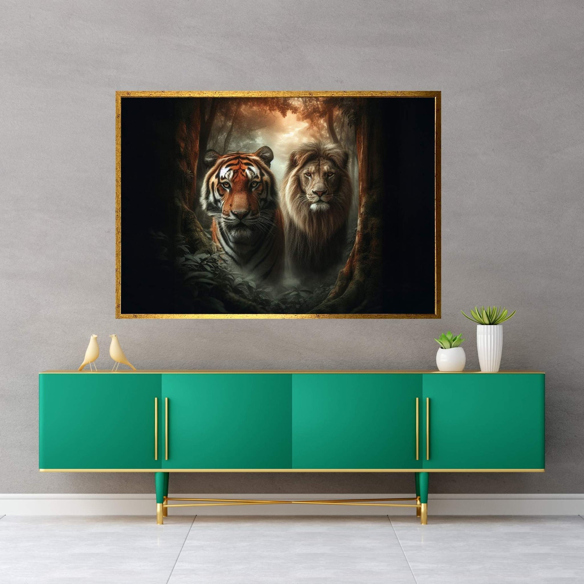 Lion and Tiger Couple Canvas Print Art,Animal Wall Art, Canvas Wall Art - Y Canvas