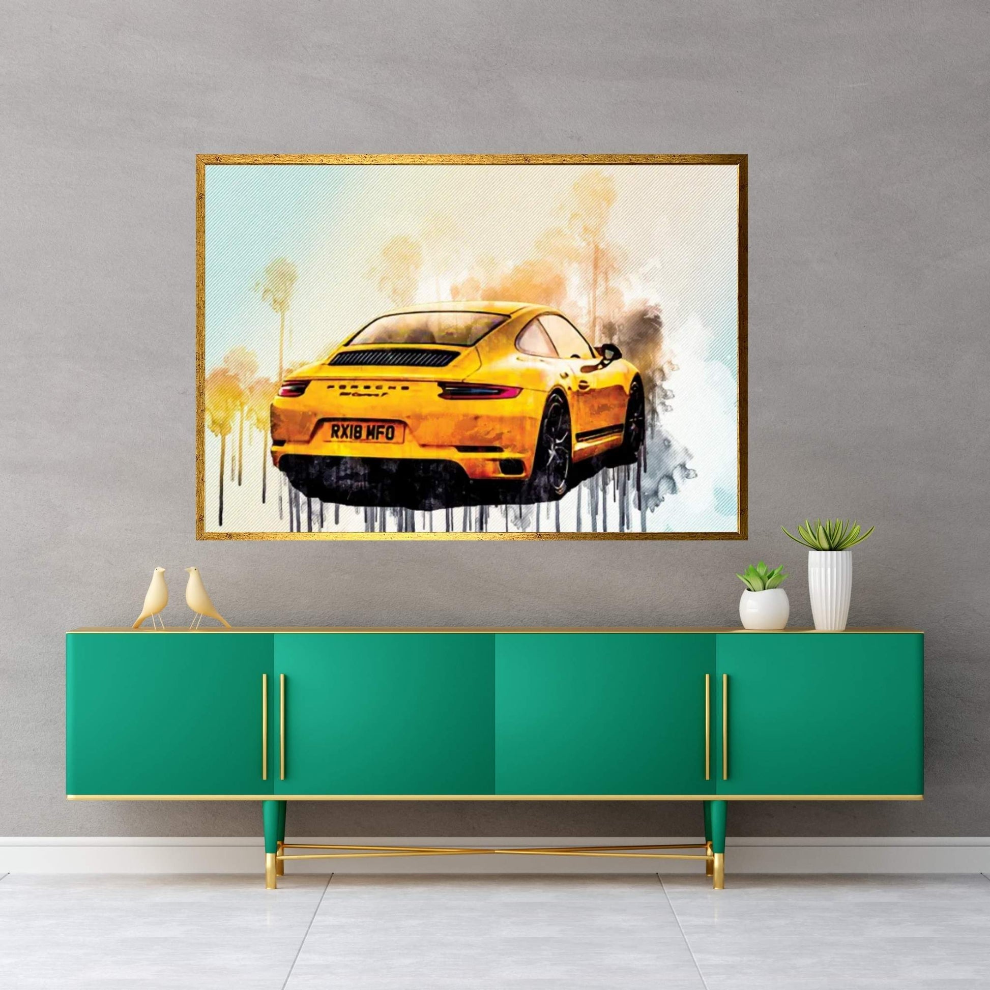 Porsche 911 Carrera T 2018 Yellow Sports Coupe Rear View Sports Car German Sports Cars Canvas Wall Art - Y Canvas