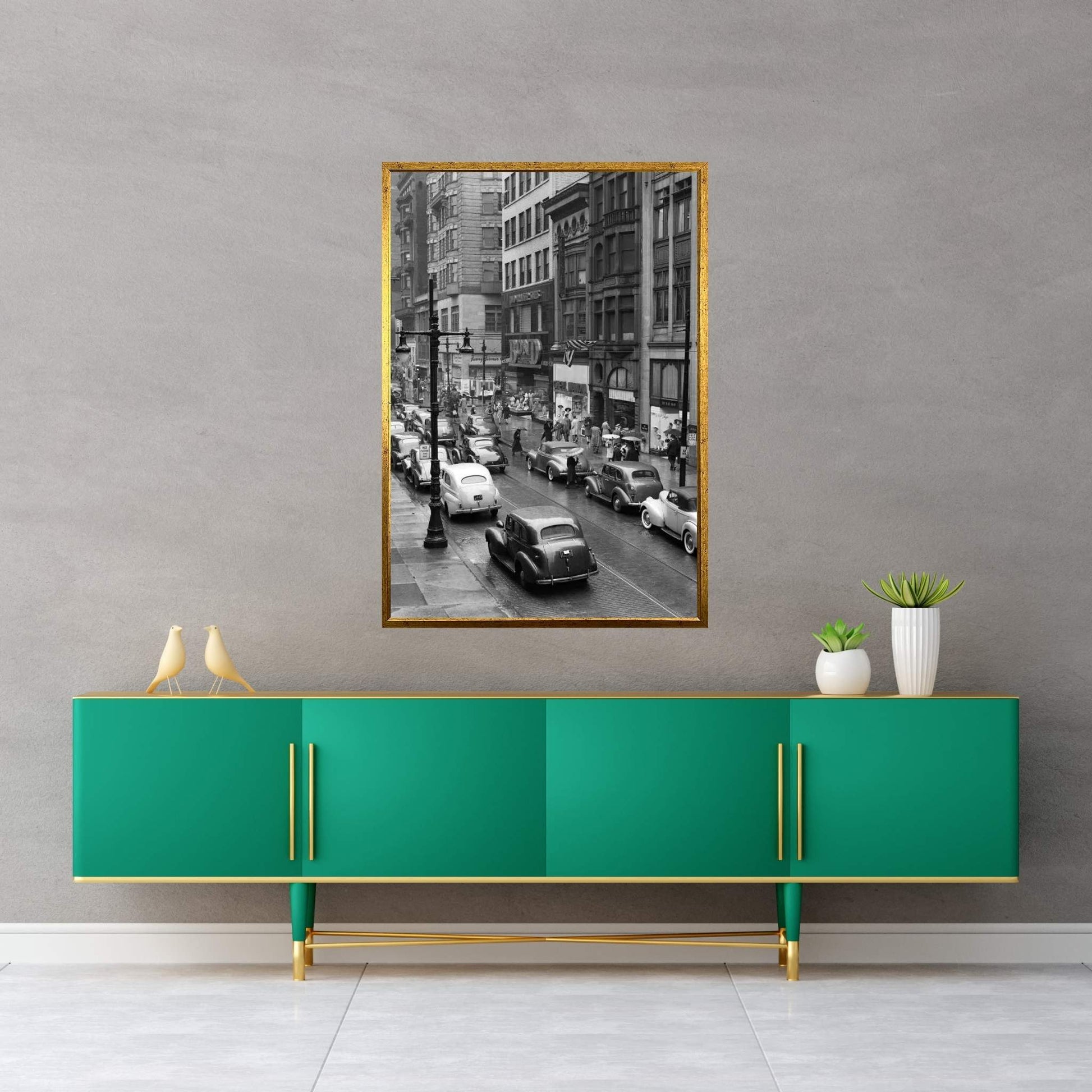 1940s Rainy Day On Chestnut Street Philadelphia Pa Cars Pedestrians Storefronts Canvas Wall Art - Y Canvas