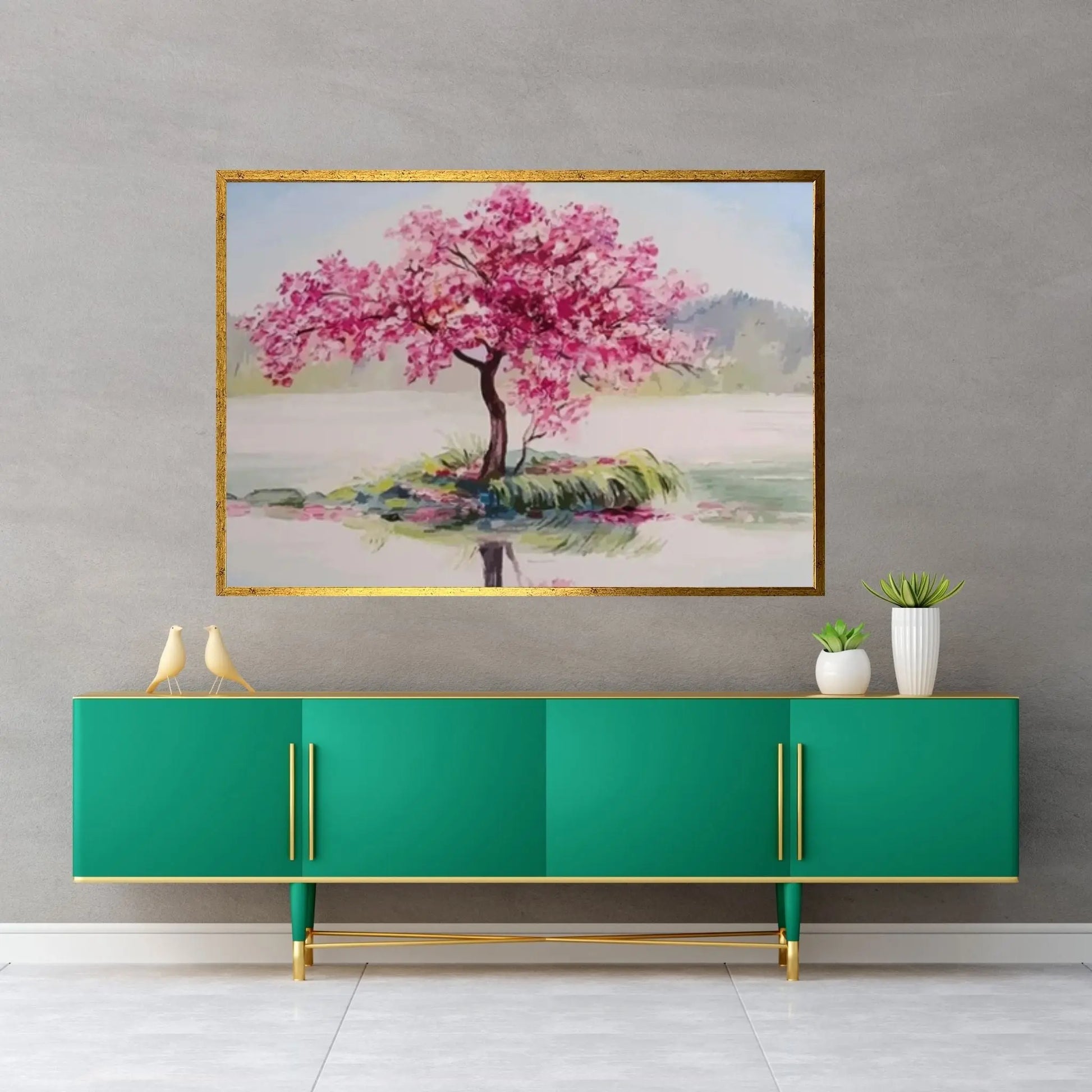 Pink Tree Painting Print, View Wall Print, Landscape Wall Mural, Pink Tree Wall Art - Y Canvas