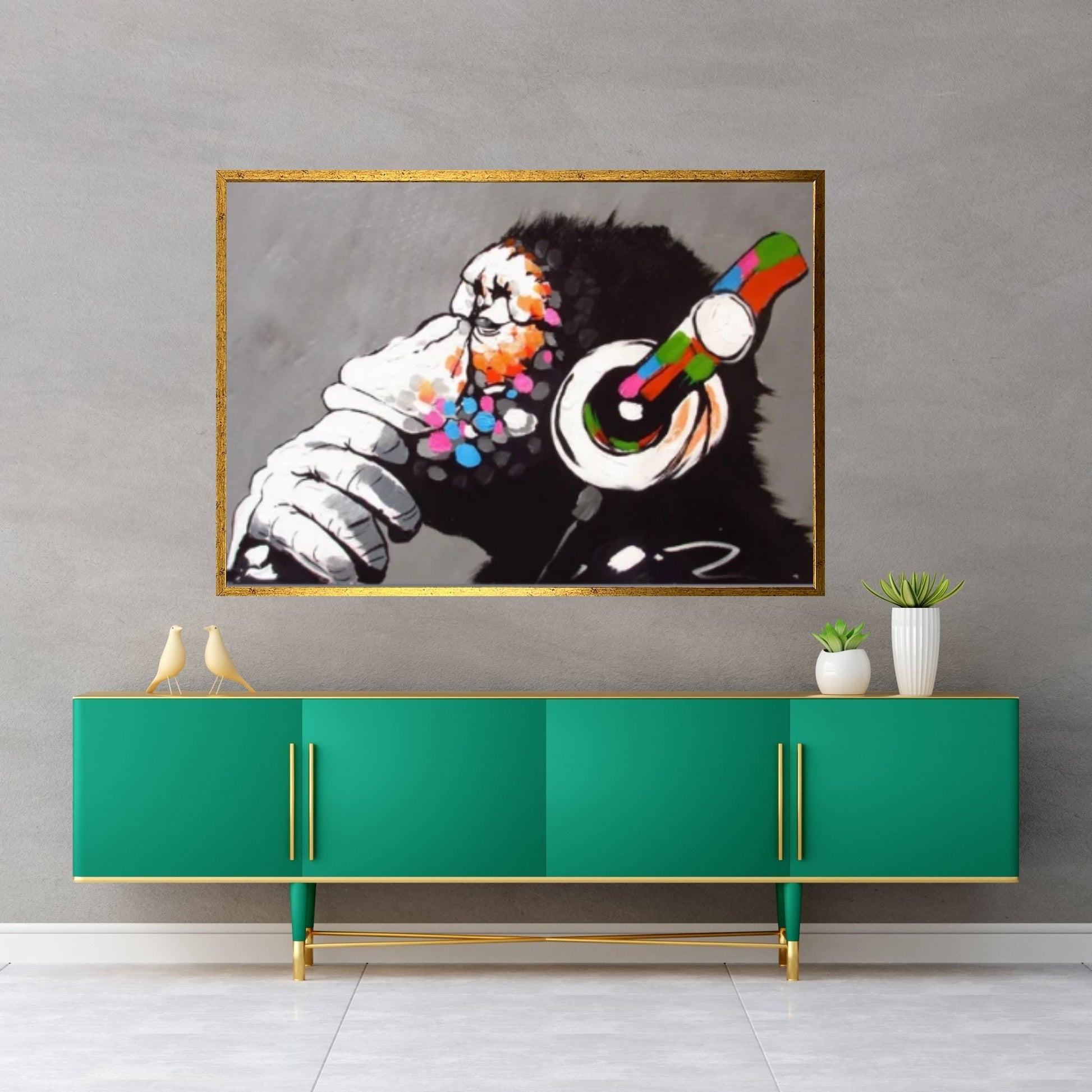 Banksy Dj Monkeycanvas Wall Art, Thinking Monkey Canvas Print, Headphone Monkey - Y Canvas