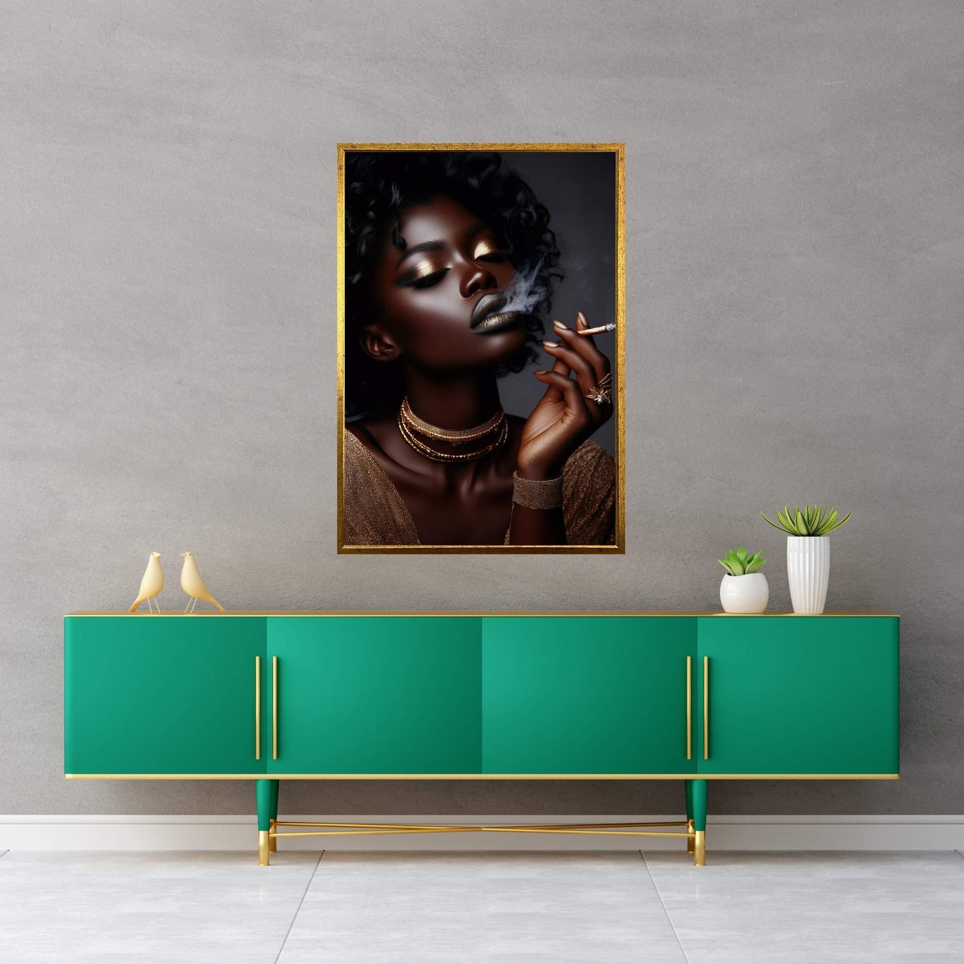 African Black Woman Gold Make-up Smoke Canvas Portrait Canvas Wall Art - Y Canvas