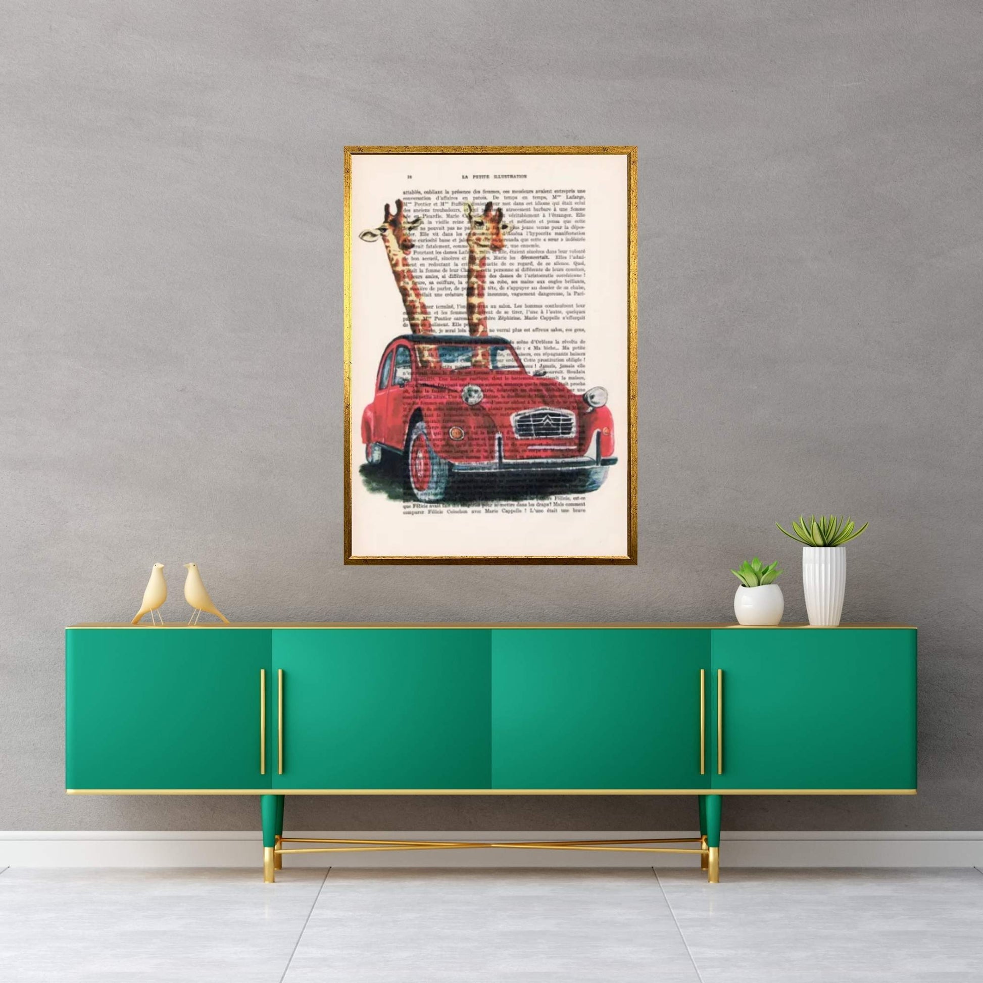 Giraffes In French Red Car Canvas Wall Art - Y Canvas