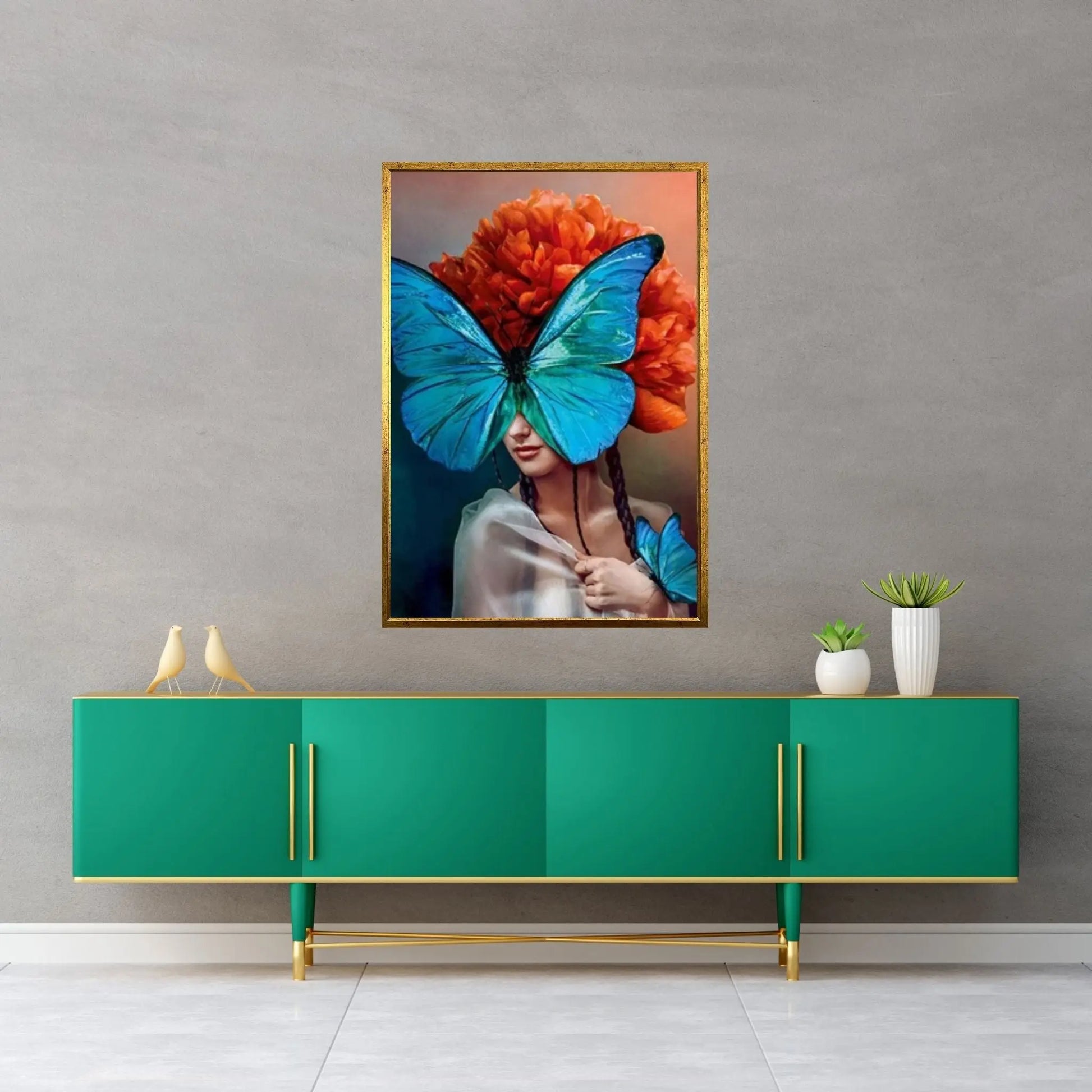Blue Butterfly and Woman, Canvas Wall Art Print Poster flower woman painting - Y Canvas