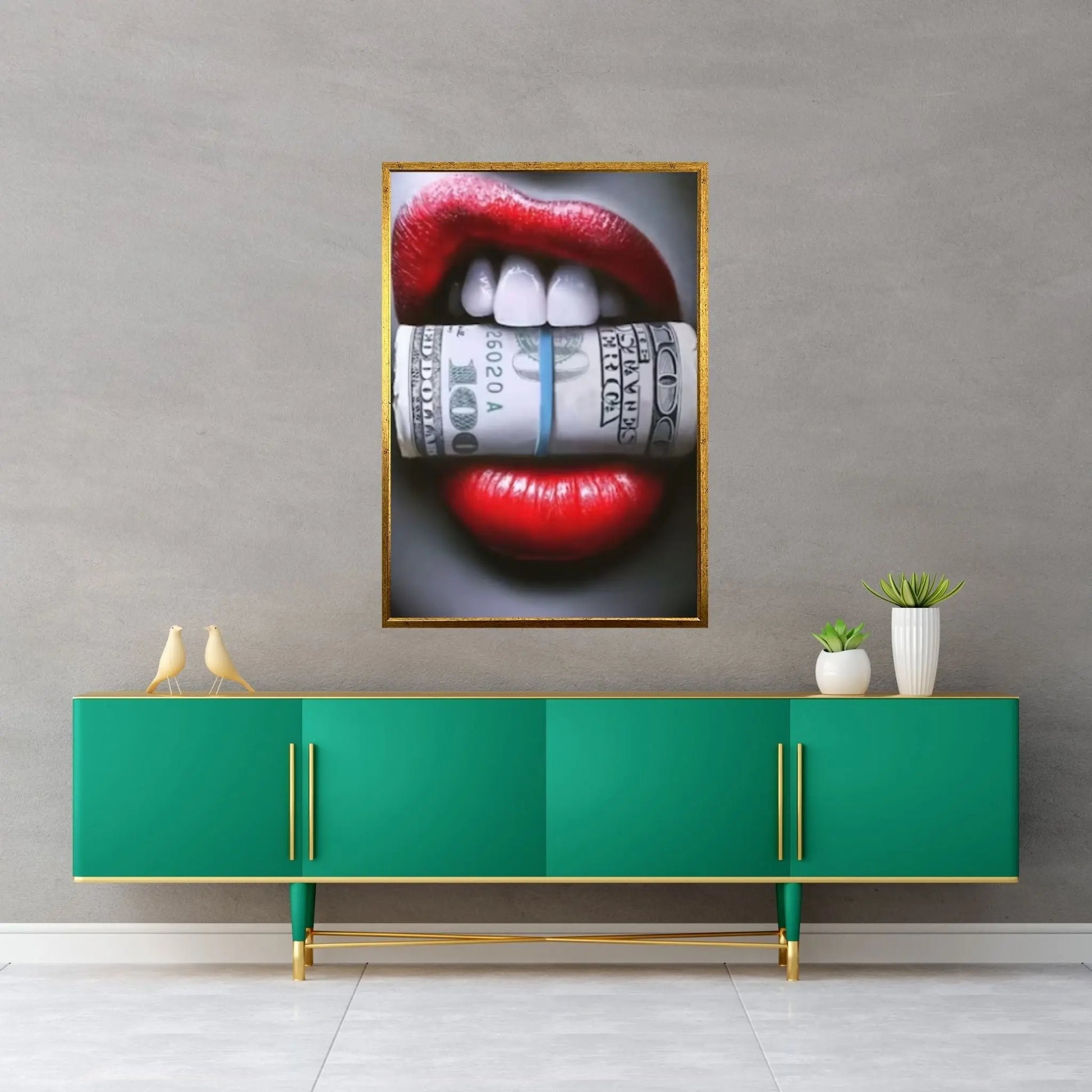 Red Lips Canvas Wall Art, Women Lips Canvas Wall Print, Money Cigar Between Lips Wall Hangings - Y Canvas