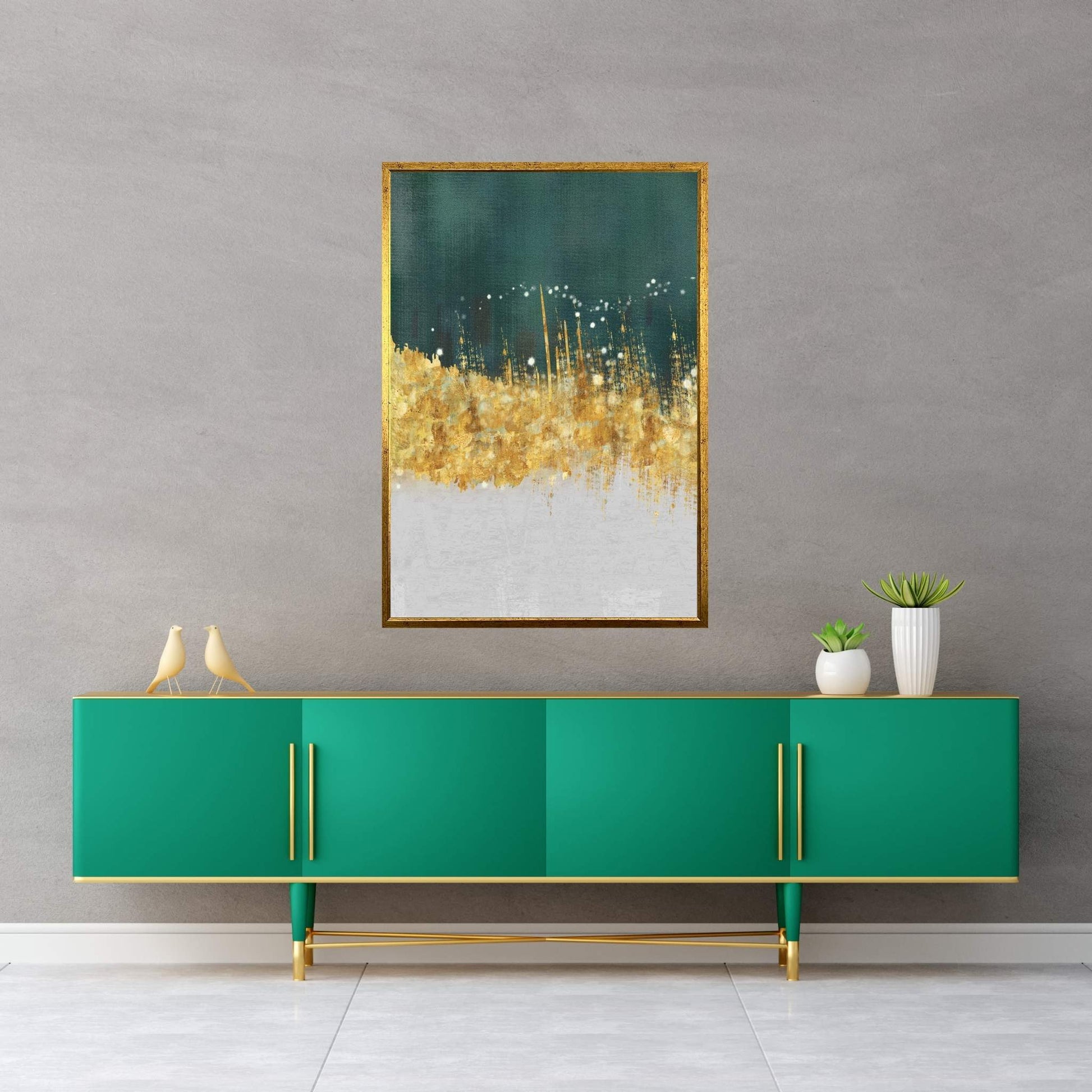 Modern Abstract Green Gold White Canvas Wall Art - Y Canvas