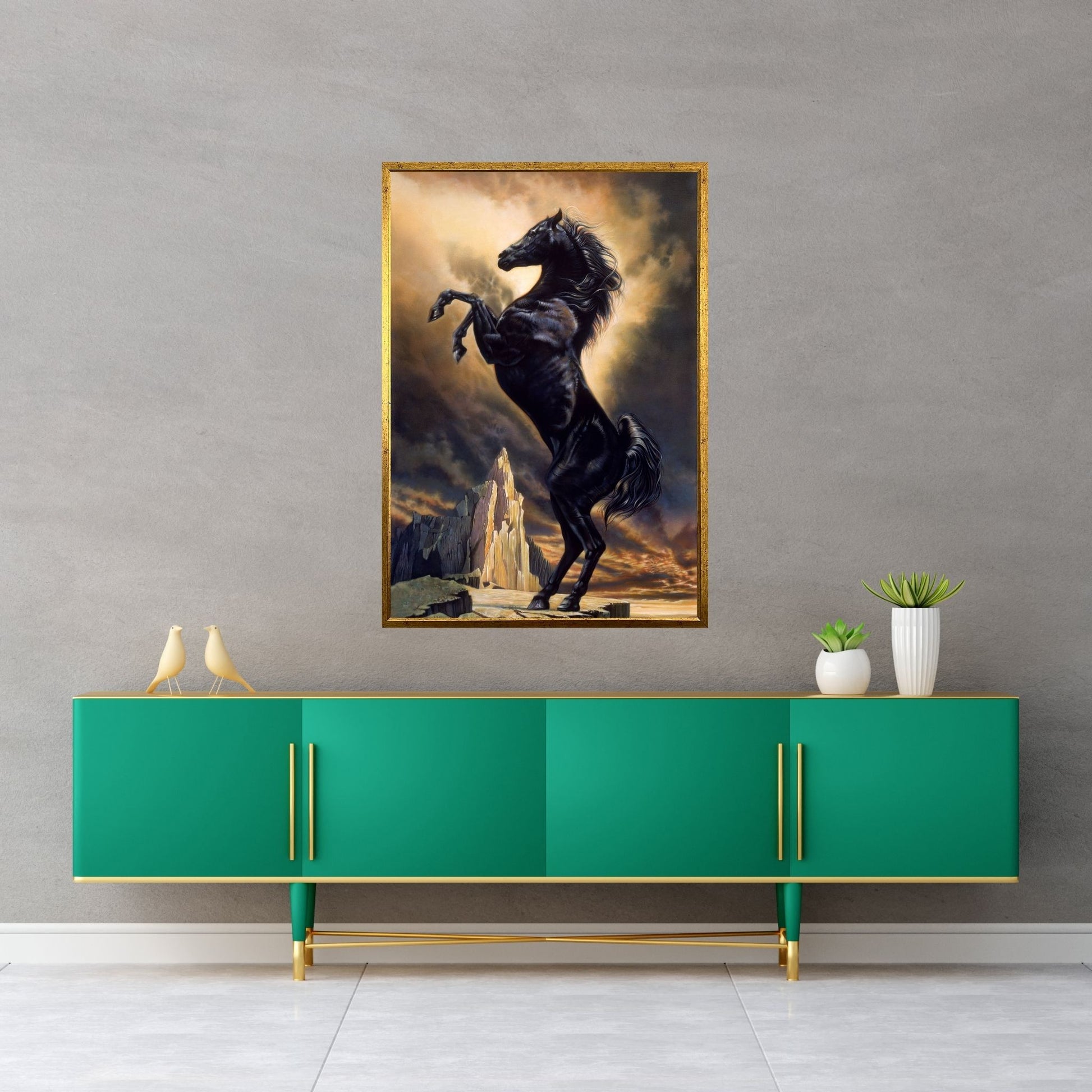 Midnight Majesty: The Rearing Black Stallion Canvas Wall Art - Y Canvas
