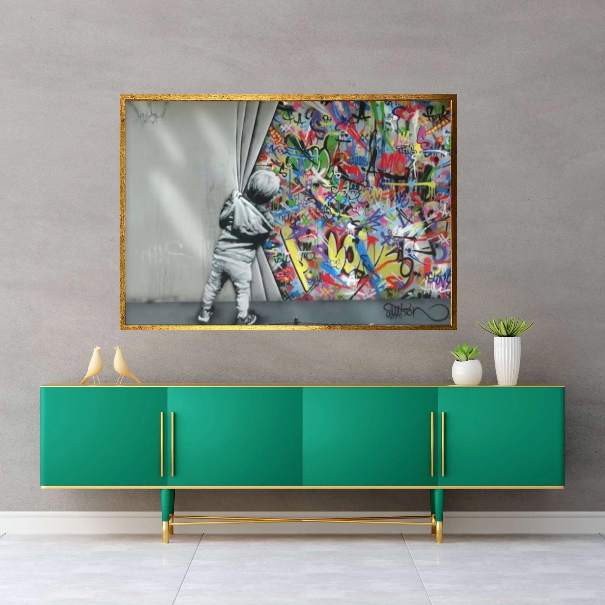 Large Behind the Curtain, Kids Wall Decor,Canvas Art Print , Urban Style Canvas, Child Graffiti - Y Canvas