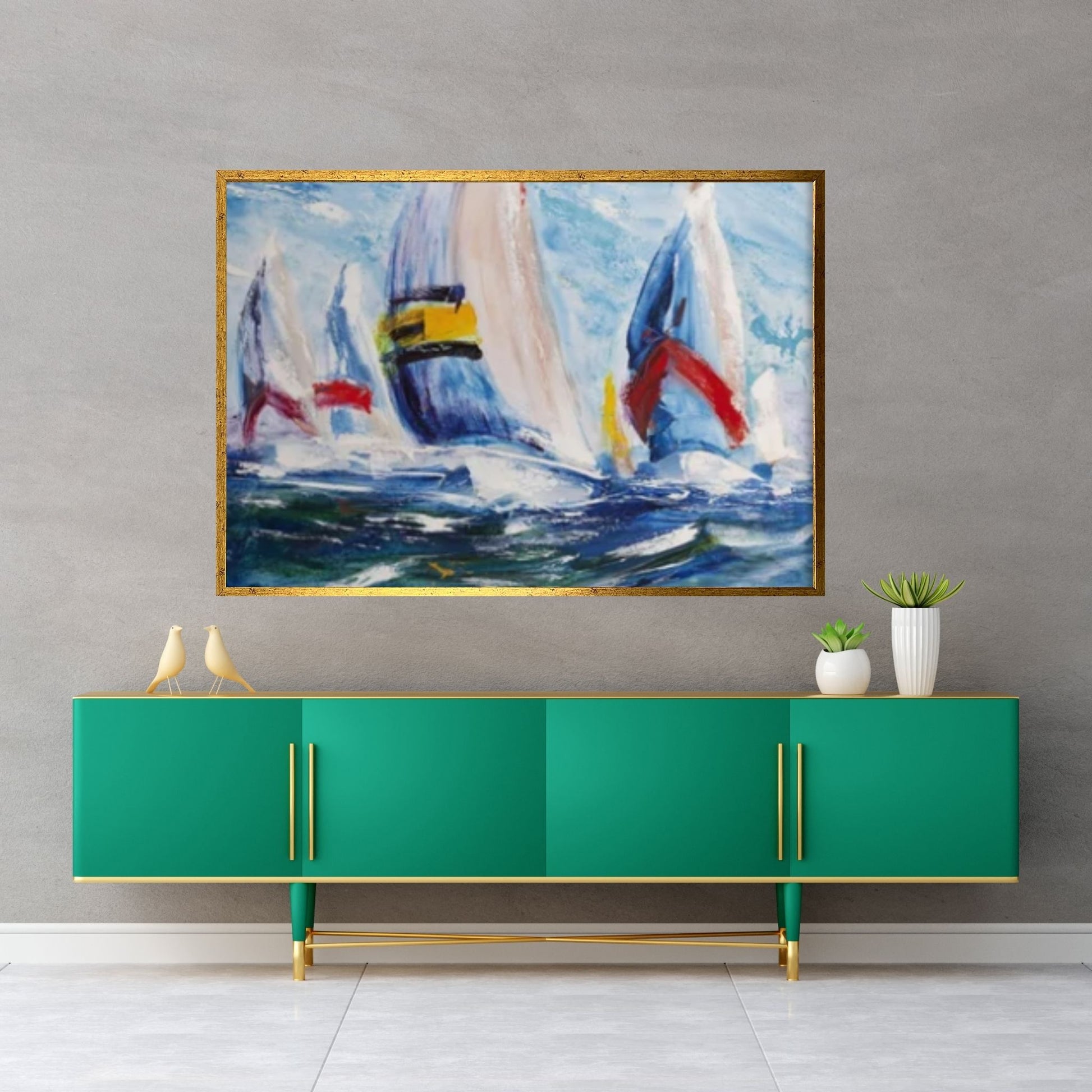 Large Sailboat Party Print Painting On Canvas, Oil Effect Colorful Living Room Wall Art - Y Canvas