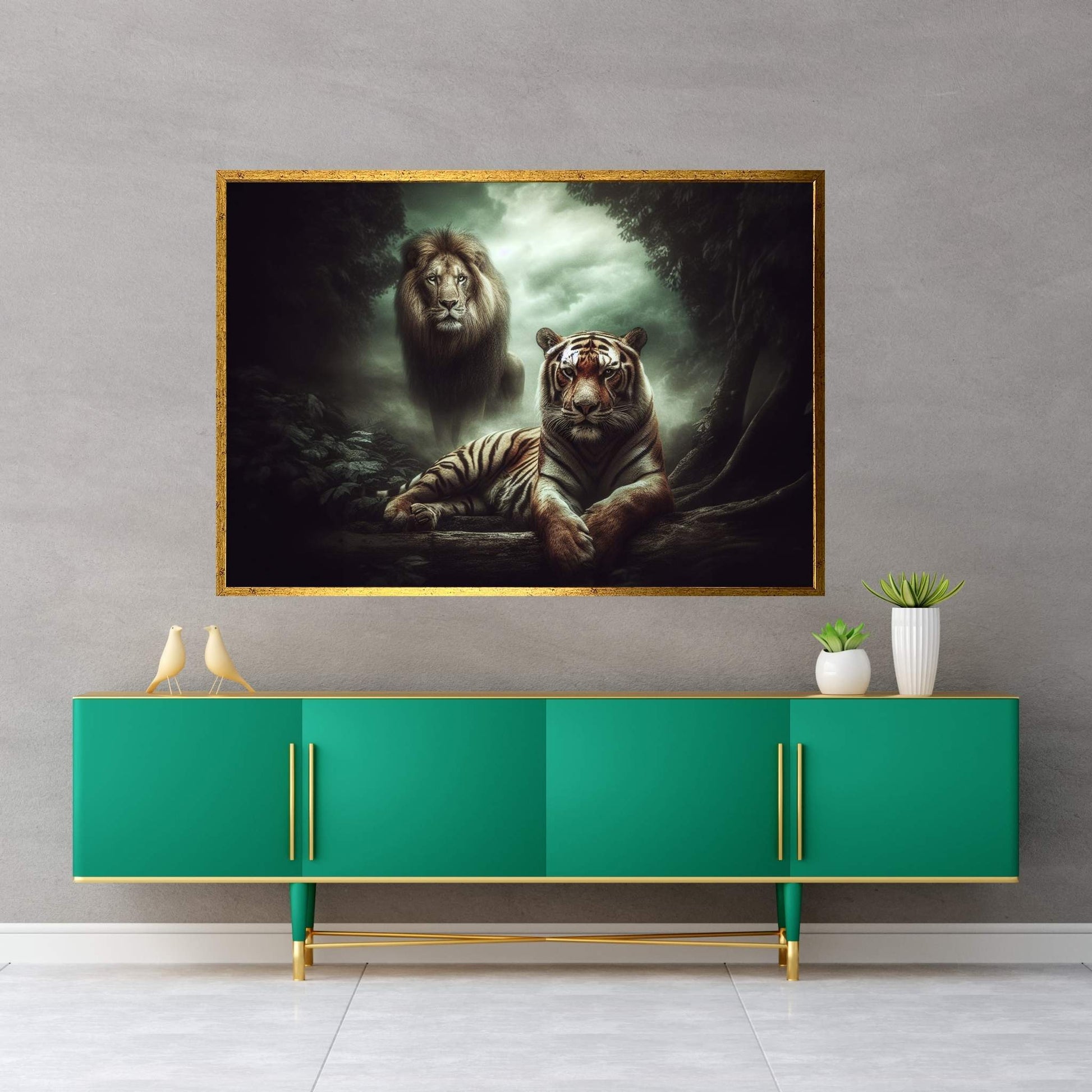 Lion and Tiger Couple Canvas Print Art,Animal Wall Art, Canvas Wall Art - Y Canvas