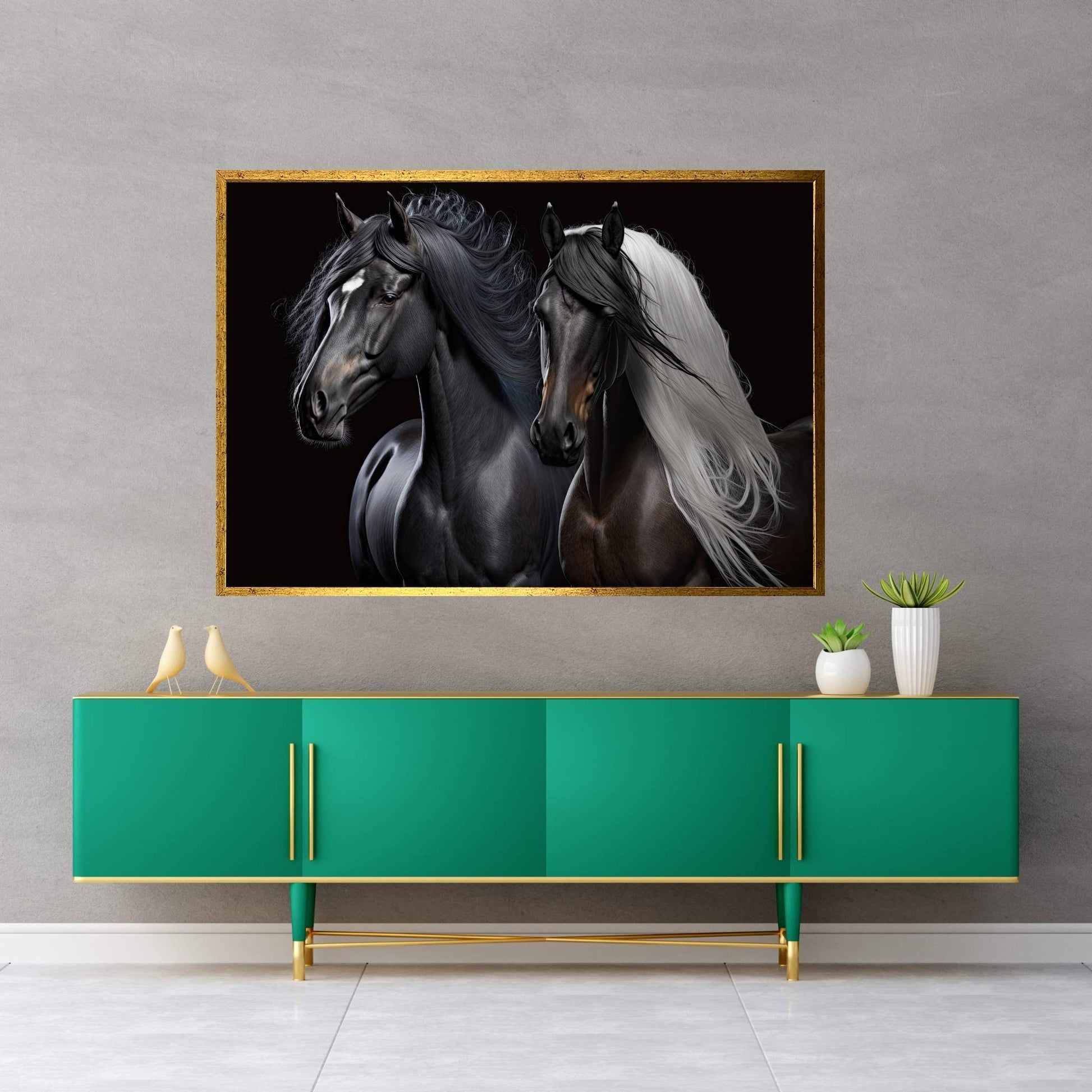 Brown and Black Horse Double Horse Canvas Wall Art Animal Art - Y Canvas