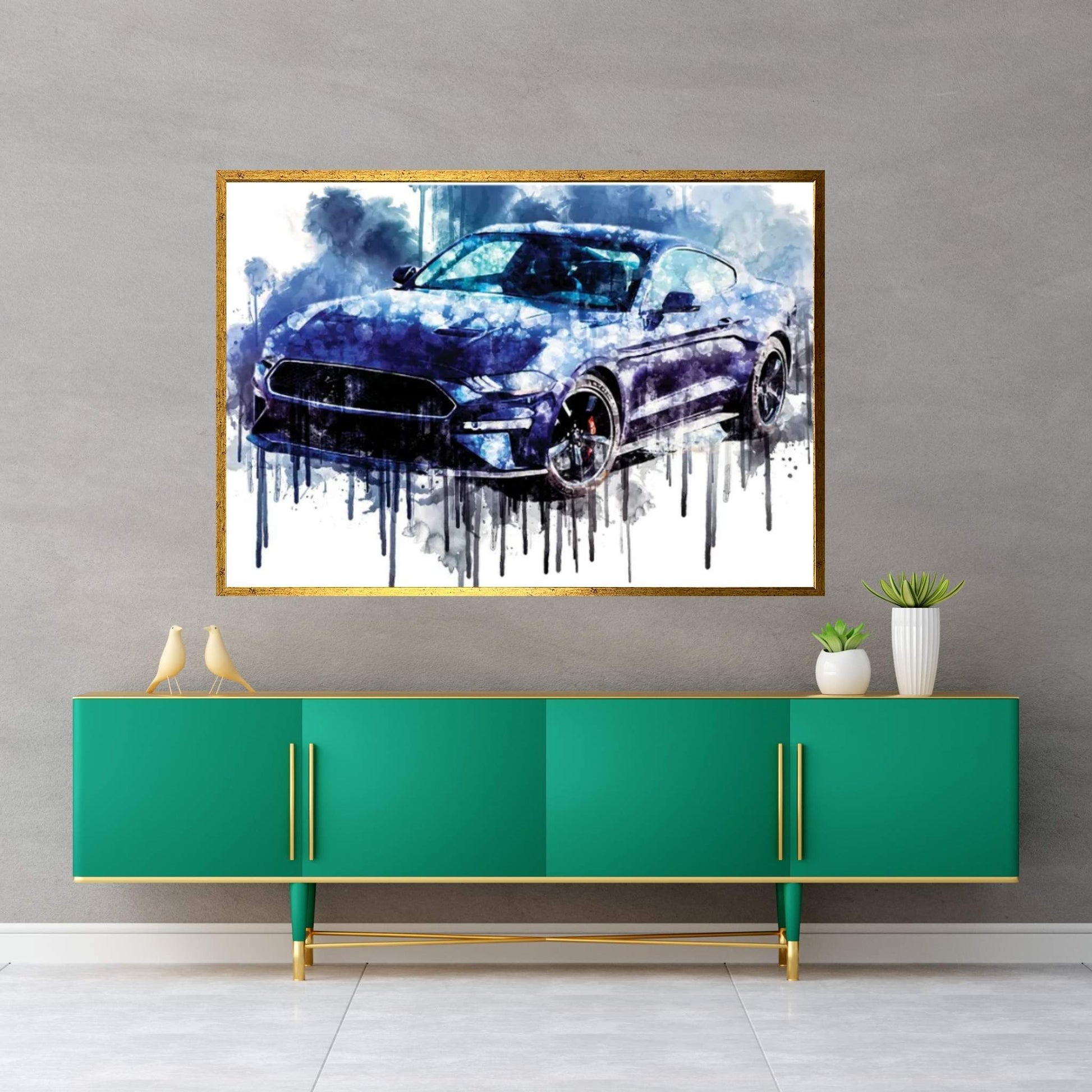 Car 2019 Ford Mustang Bullitt Kona Blue Canvas Wall Art - Y Canvas