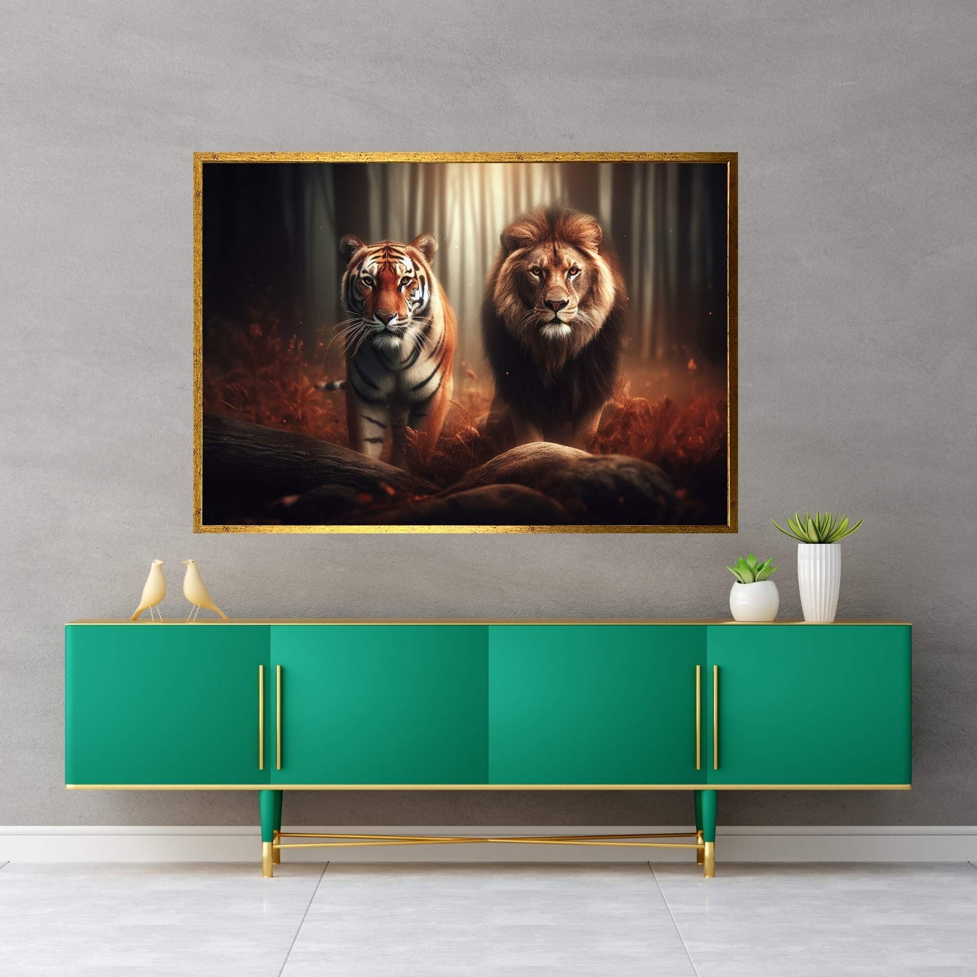 Lion and Tiger Couple Canvas Print Art,Animal Wall Art, Canvas Wall Art - Y Canvas