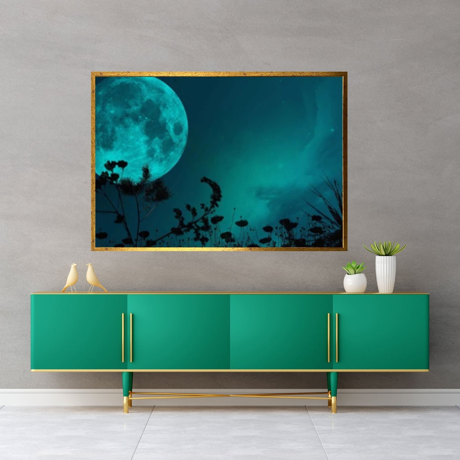 Green Moon at Night Natural Canvas Wall Art, Landscape Printing Wall Art - Y Canvas