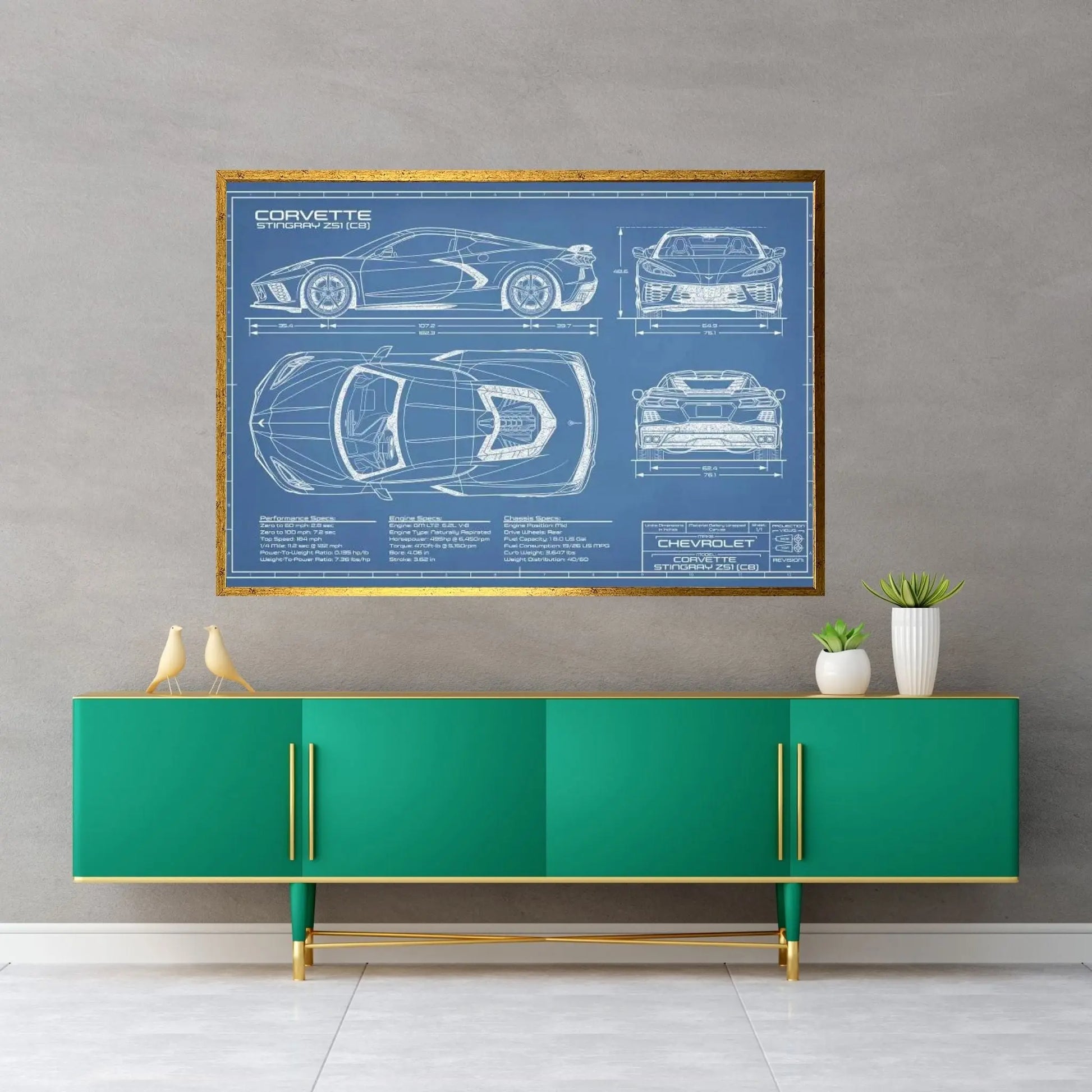 Corvette (C8) Stingray Blueprint Canvas Wall Art - Y Canvas