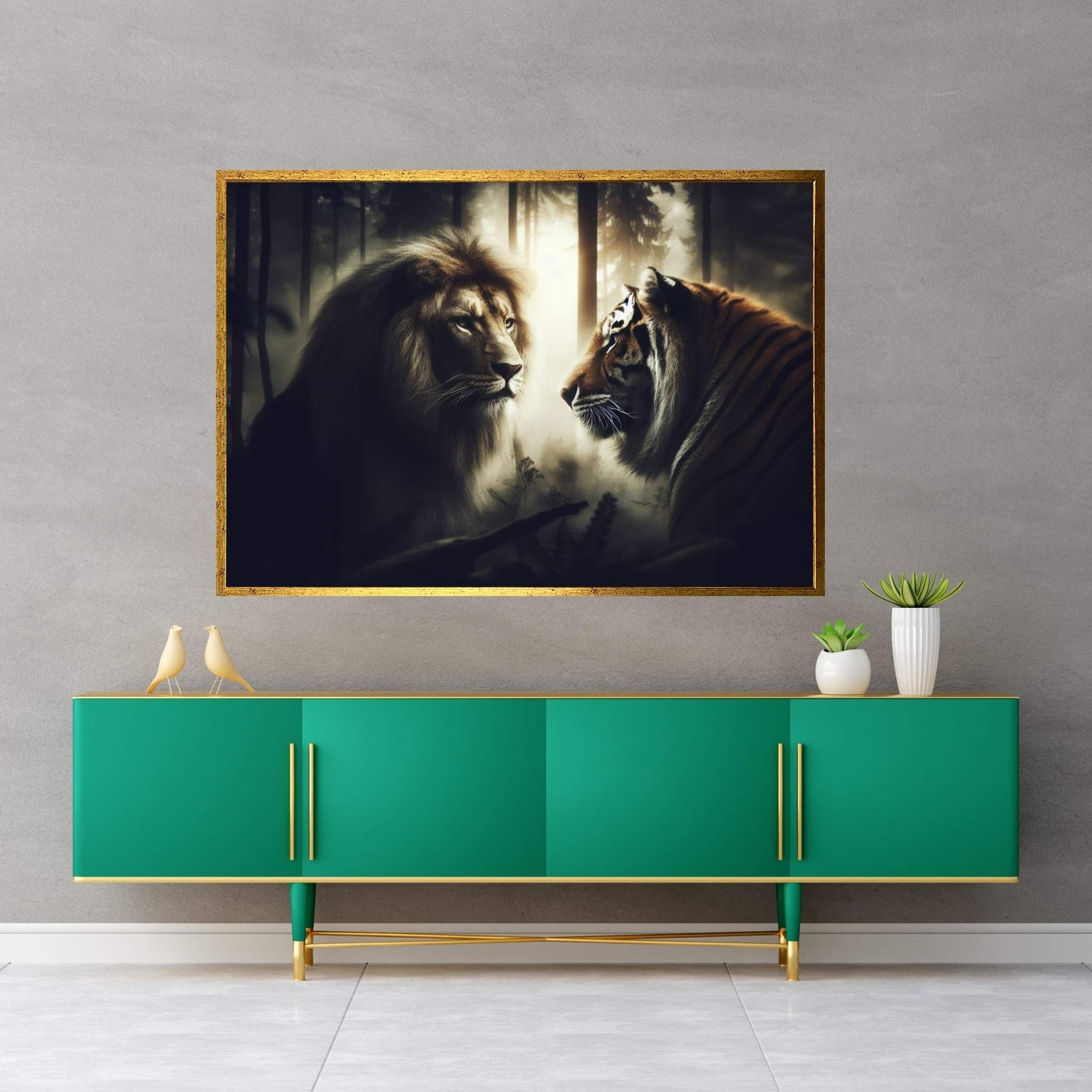 Lion and Tiger Couple Canvas Print Art,Animal Wall Art, Canvas Wall Art - Y Canvas