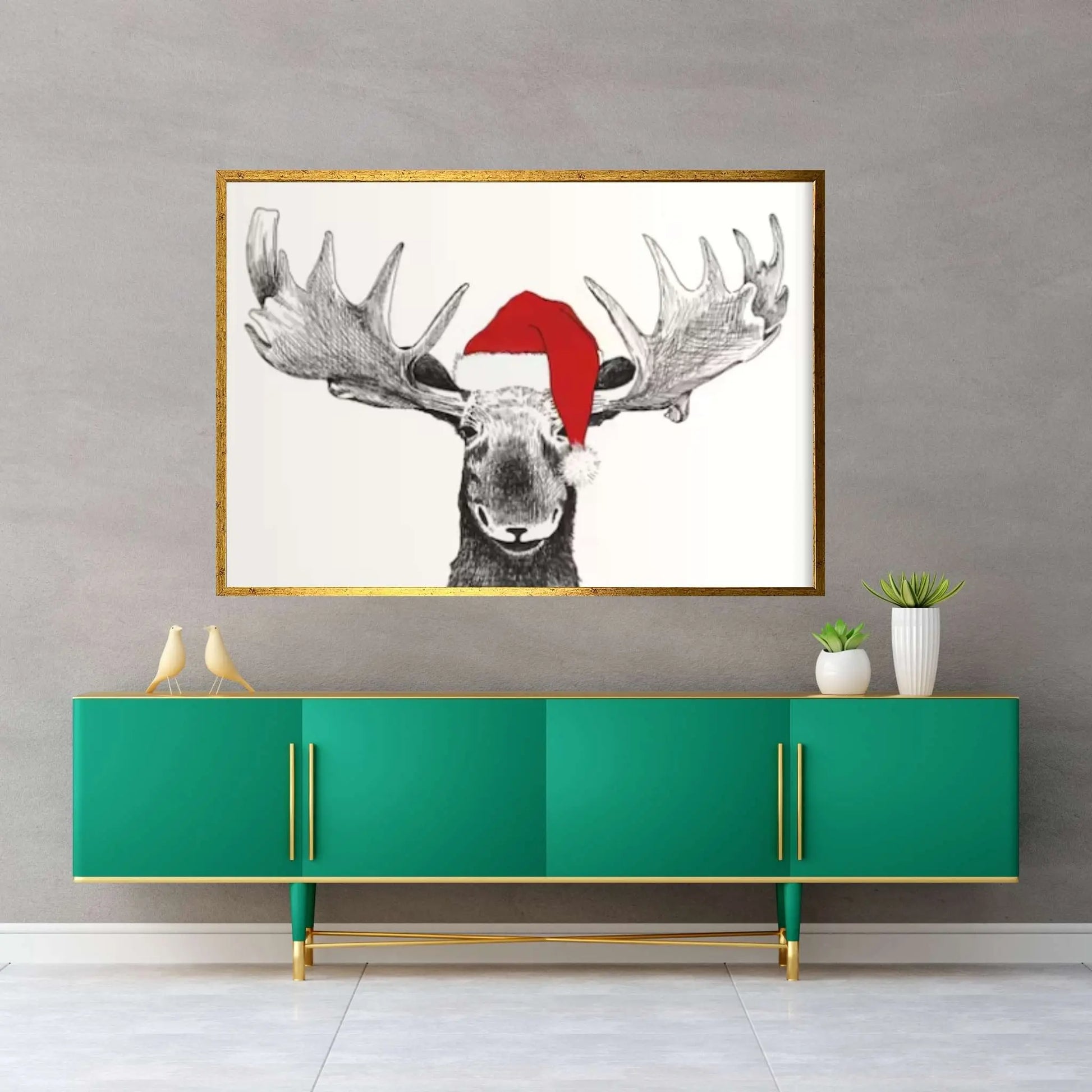 Santa Moose Pine Framed Canvas | Winter Wall Decor | Kids Room Christmas Decor - Y Canvas