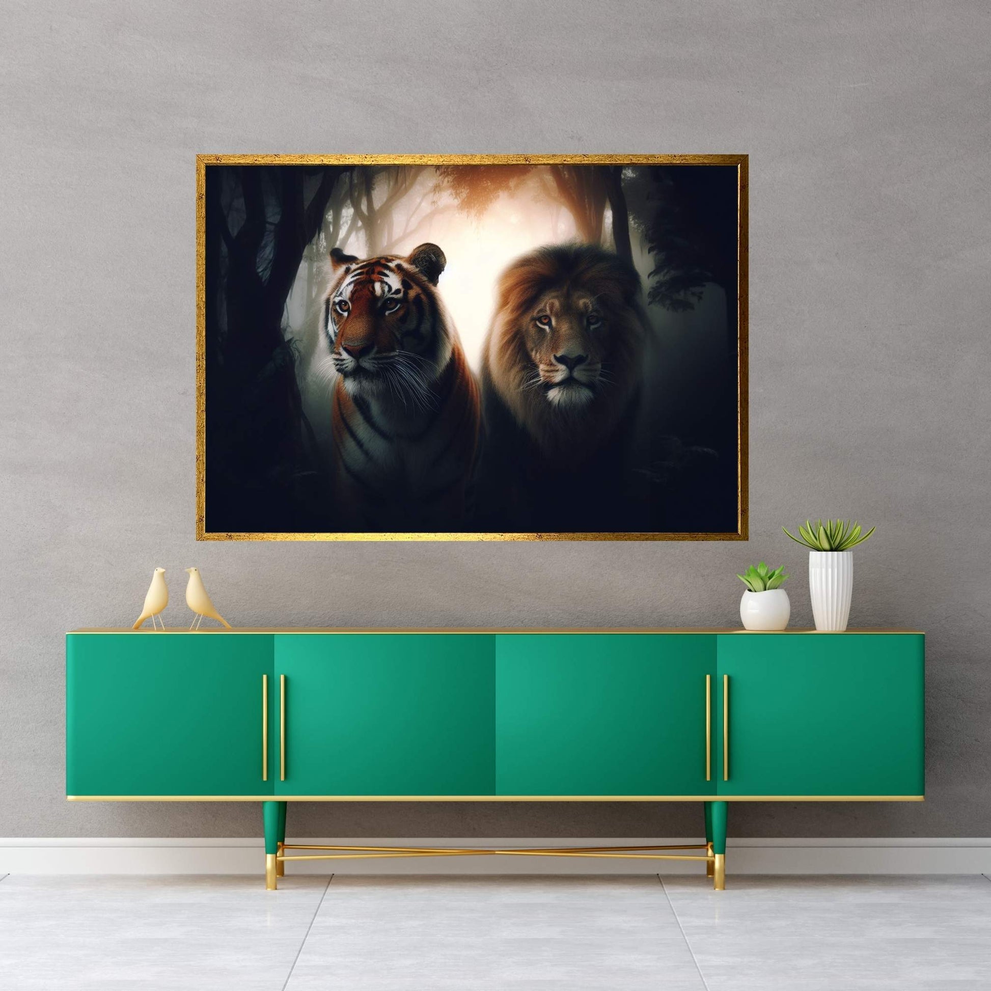 Lion and Tiger Couple Canvas Print Art,Animal Wall Art, Canvas Wall Art - Y Canvas