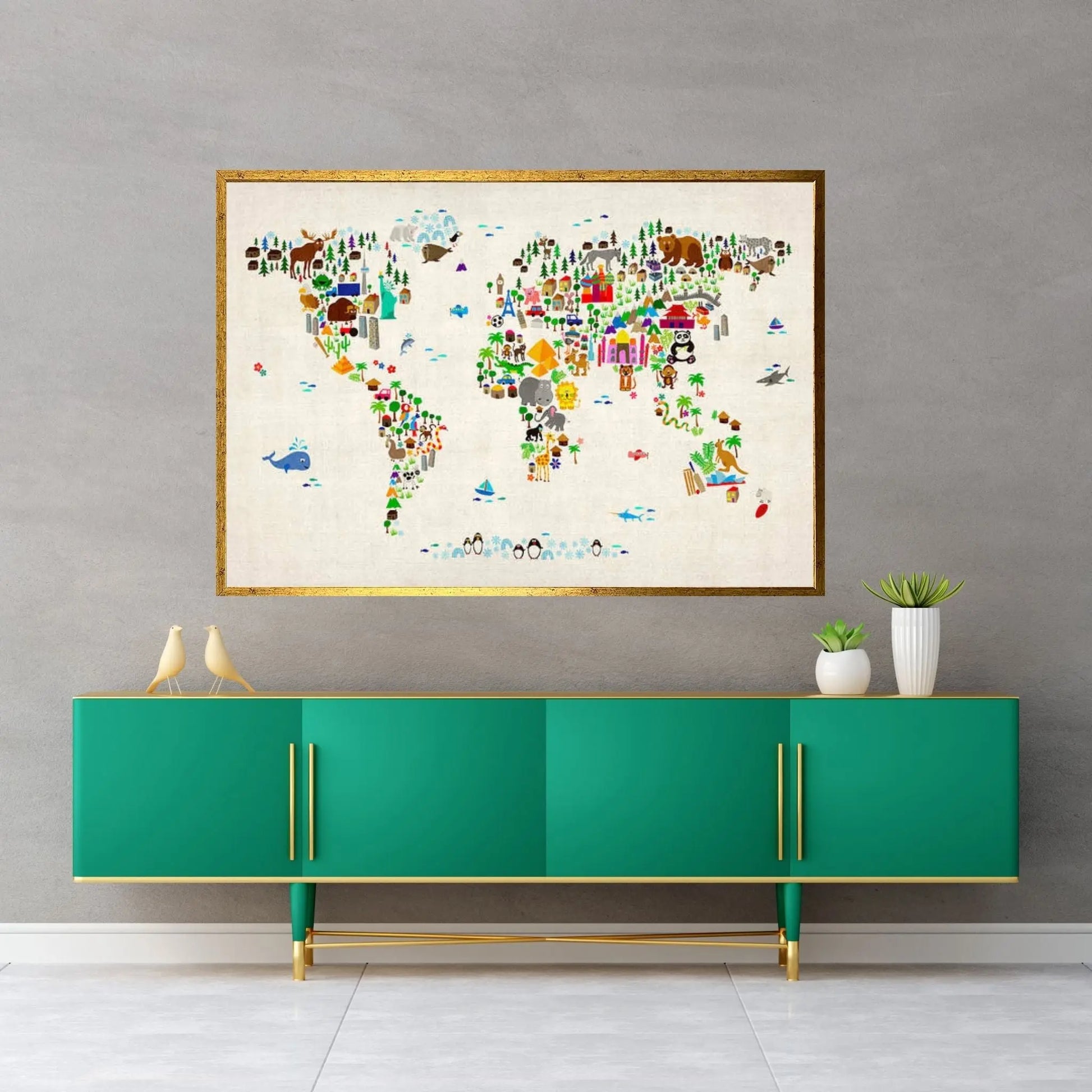Animal Map of The World Canvas Wall Art - Y Canvas